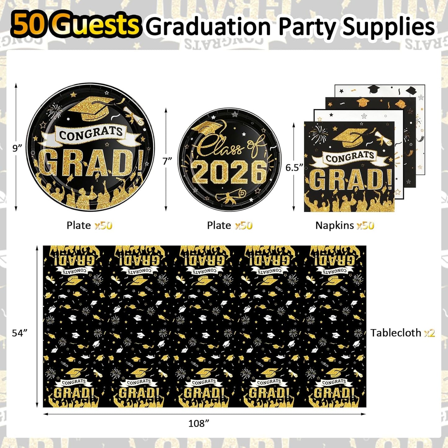 Set 152 Pzas Platos Servilletas Graduación 2026 Negro Dorado