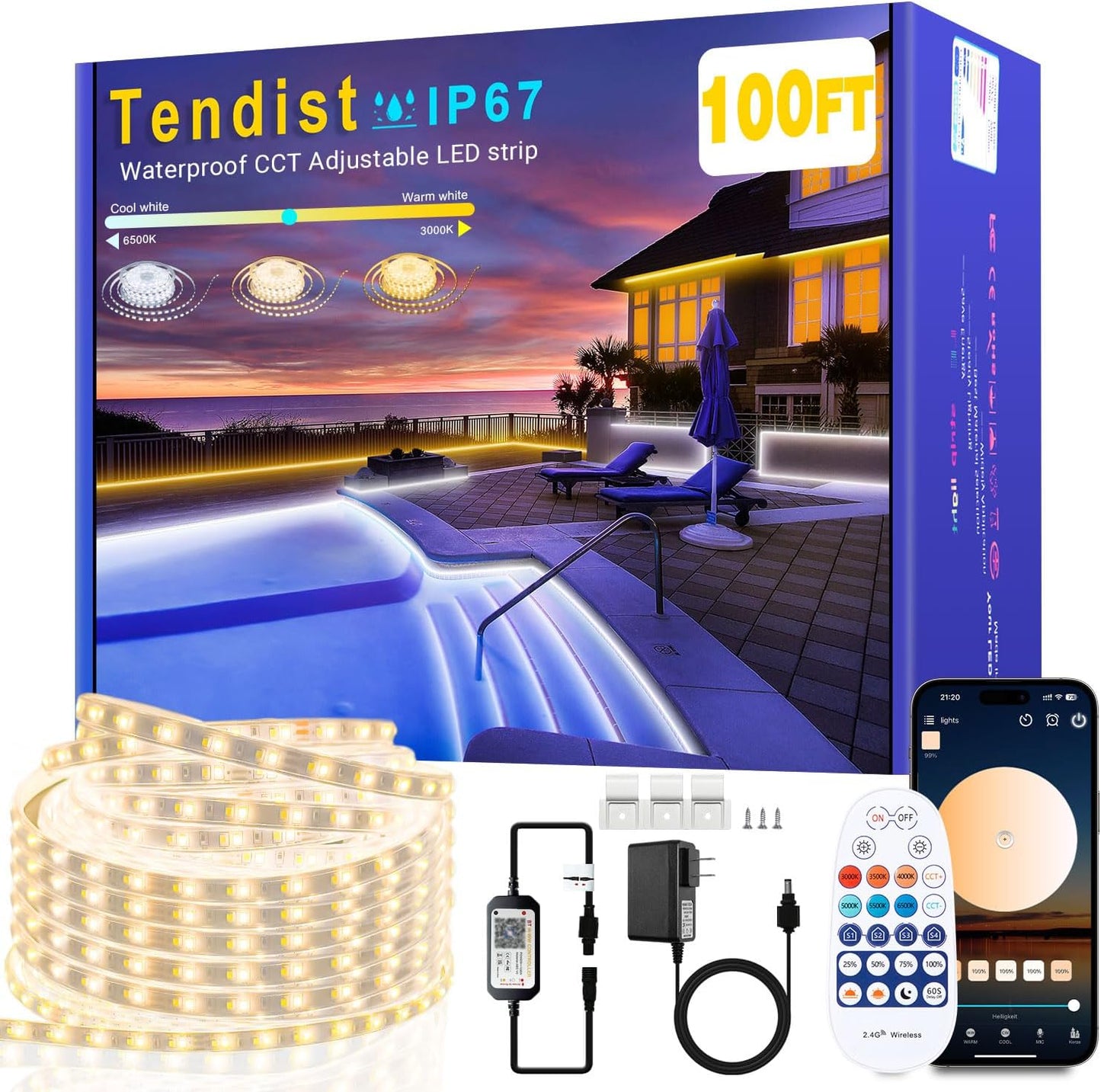 Tira luces LED exterior 100ft IP67 con control remoto