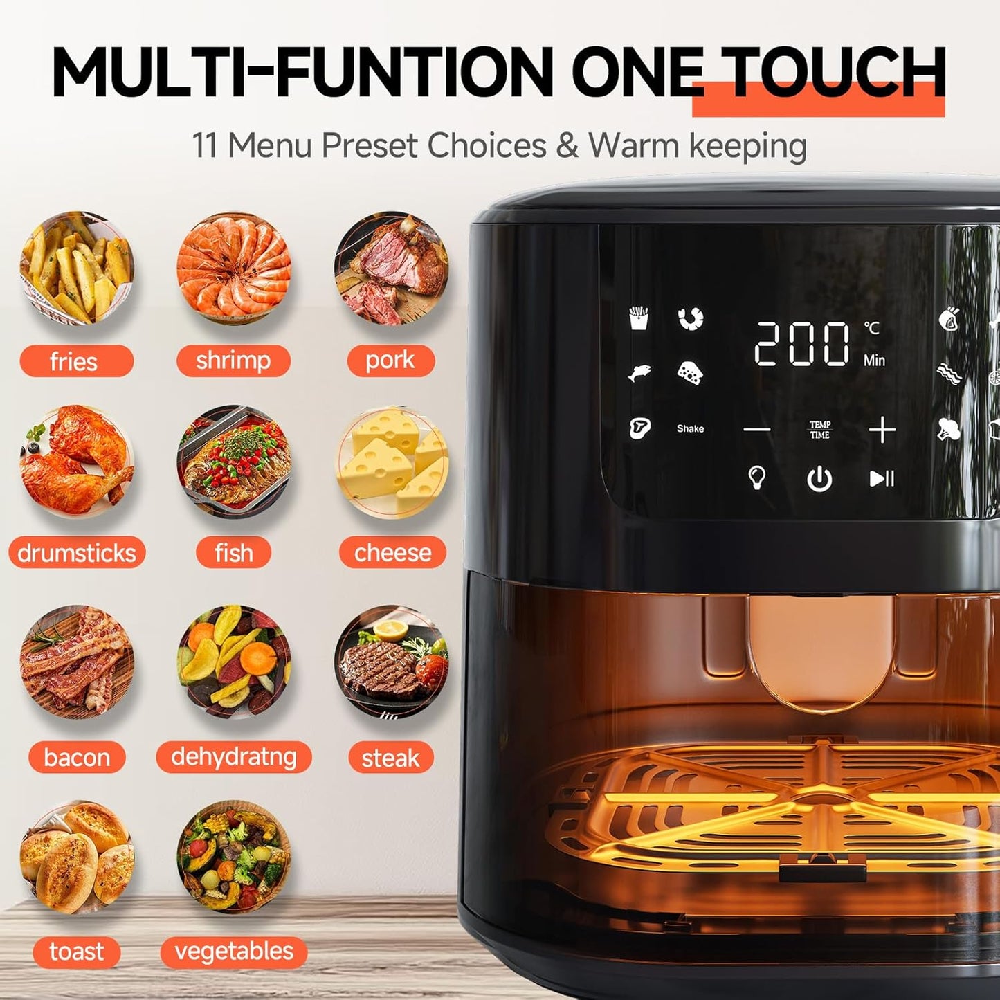 Freidora aire 8en1 5qt calentamiento 180-450°F