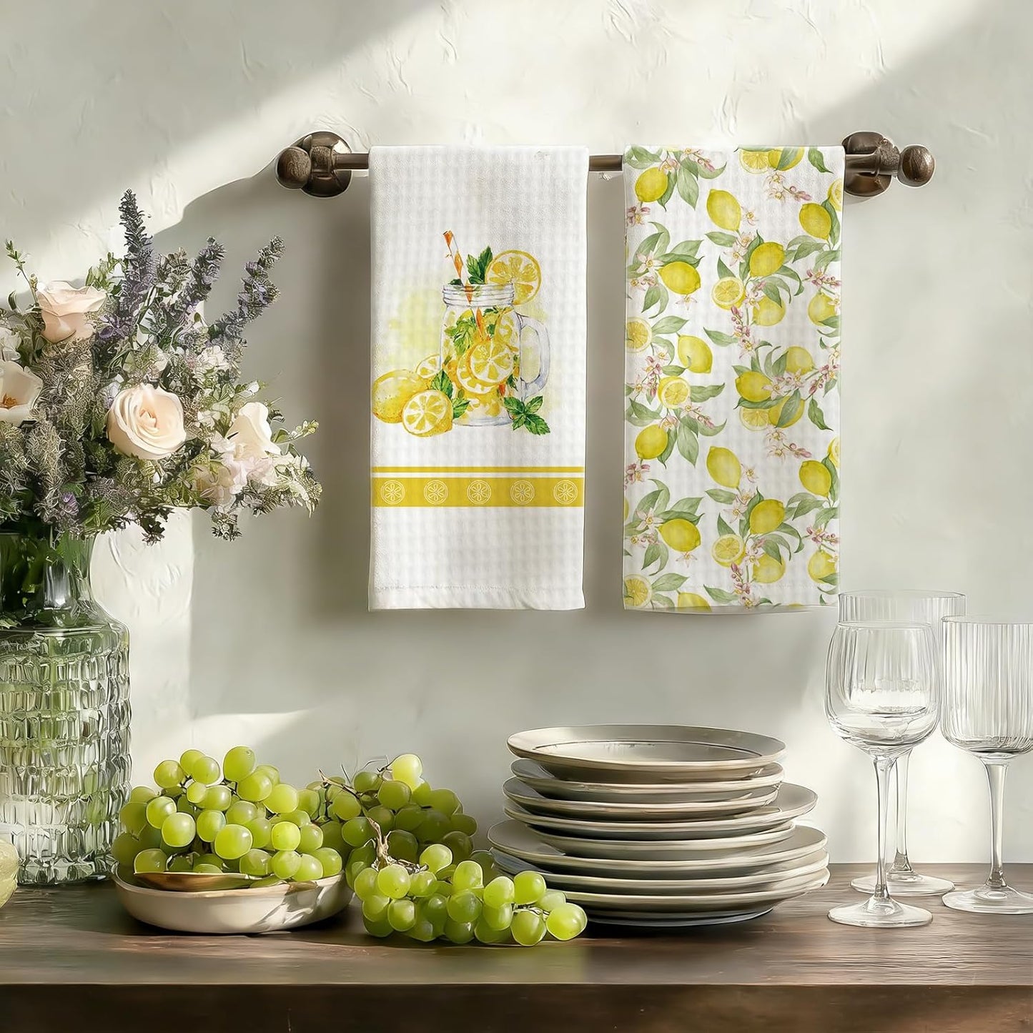 Toalla de cocina de poliéster con tema de limón, paquete de 2