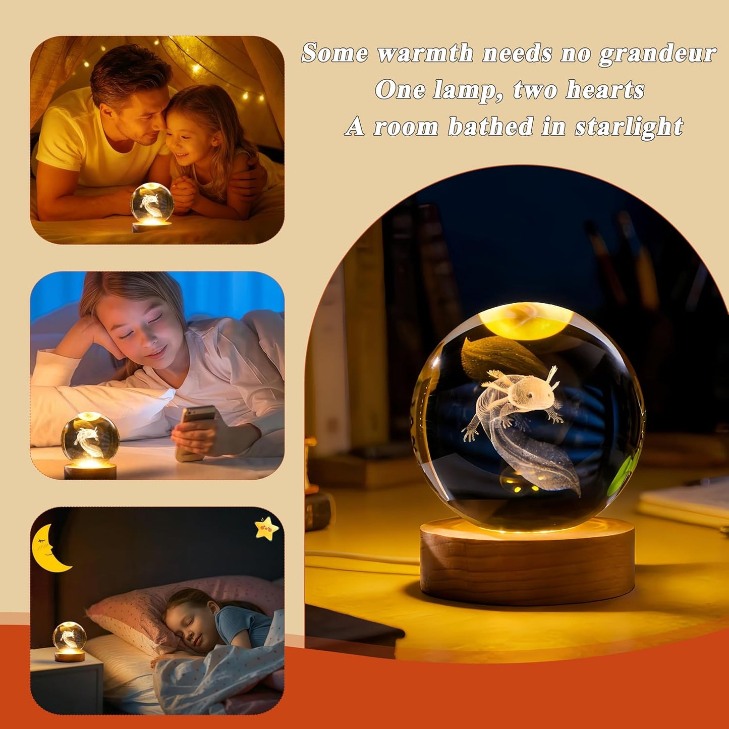 Luz nocturna bola cristal 3D K9 3.15pulg base LED madera