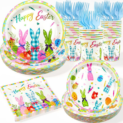 Juego de 125 platos y servilletas de Pascua con diseño de conejo colorido