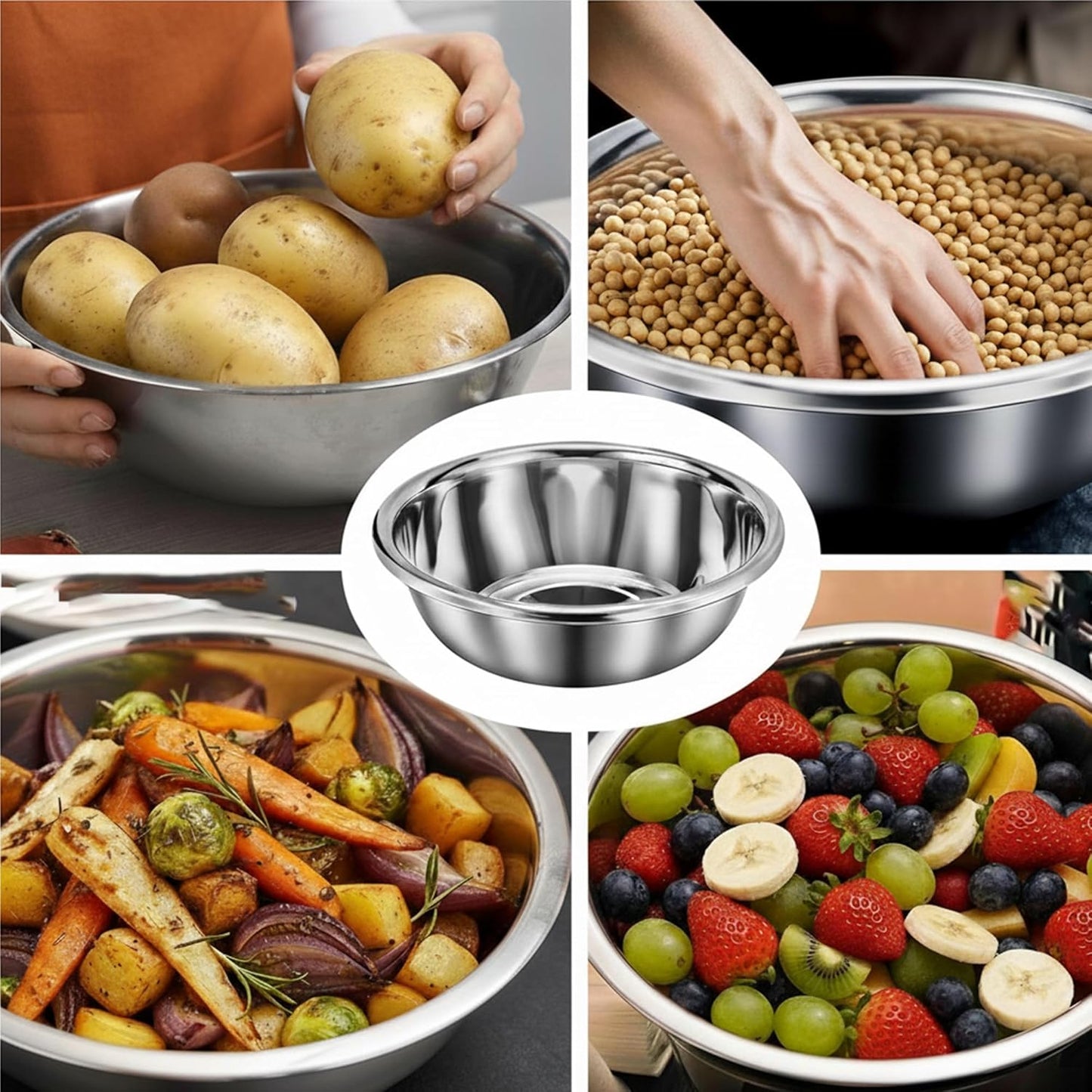 Set 4 Cuencos Acero Inox 304 13qt Base Plana Hogar Comercial