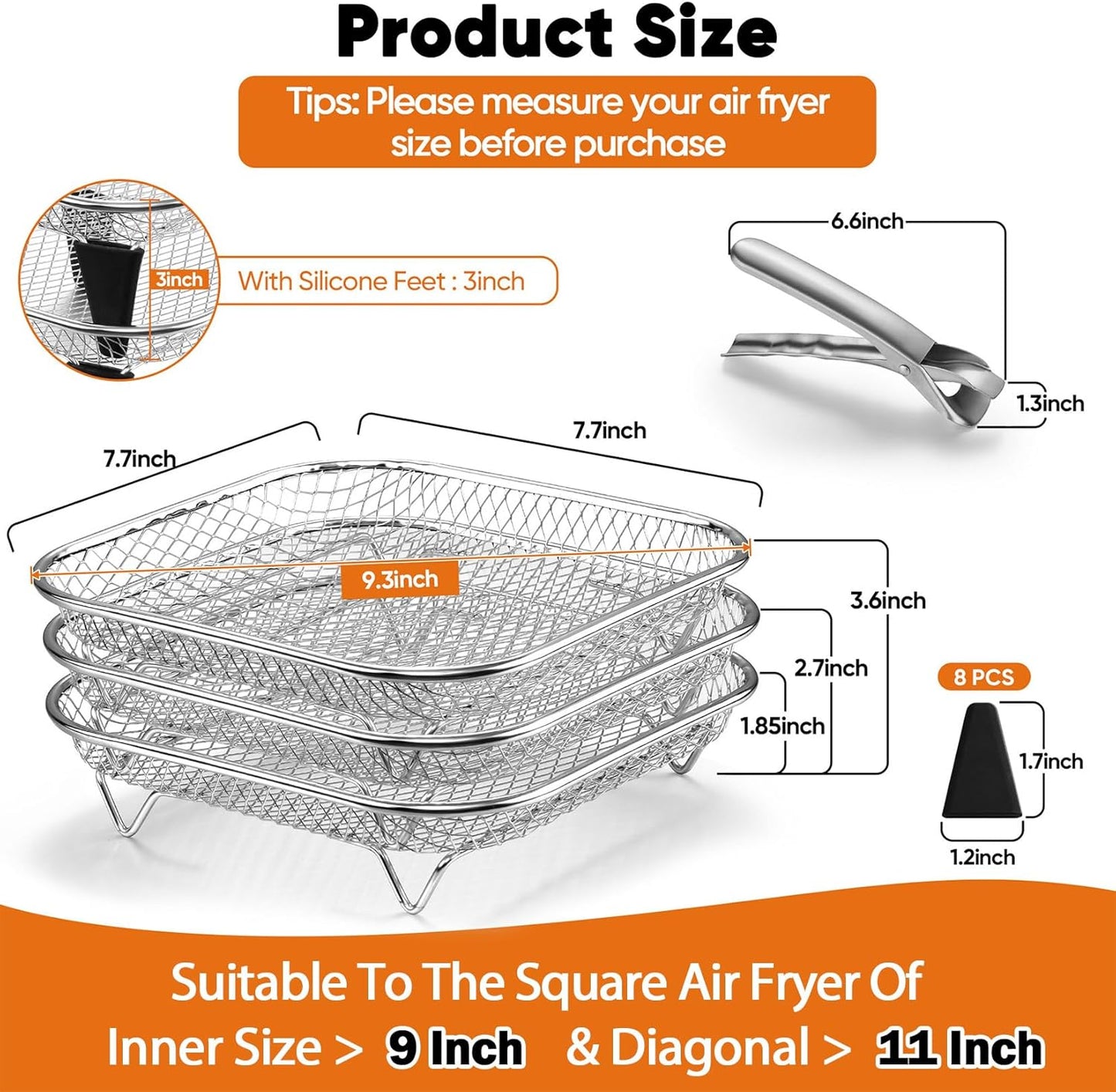 Set 3 Cestas Acero Inox Freidora Aire Con Clip Antiquemaduras