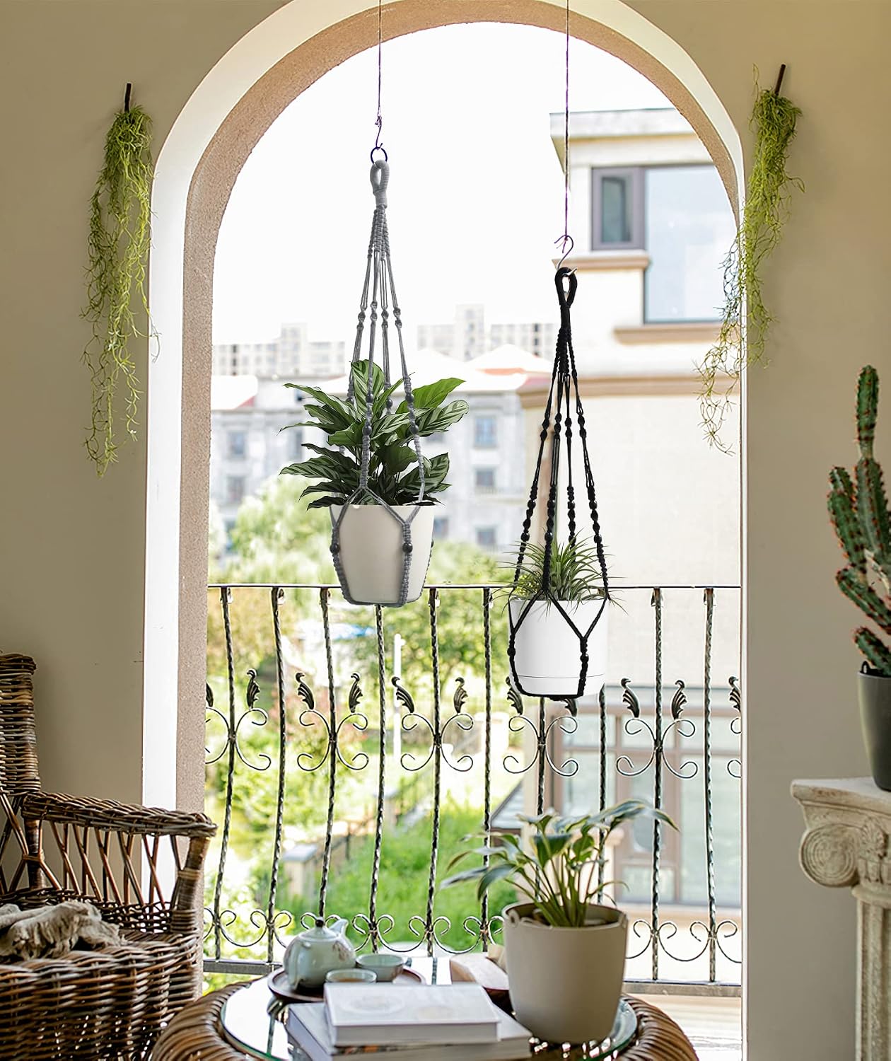 Colgador macramé para plantas interiores 35pulg gris