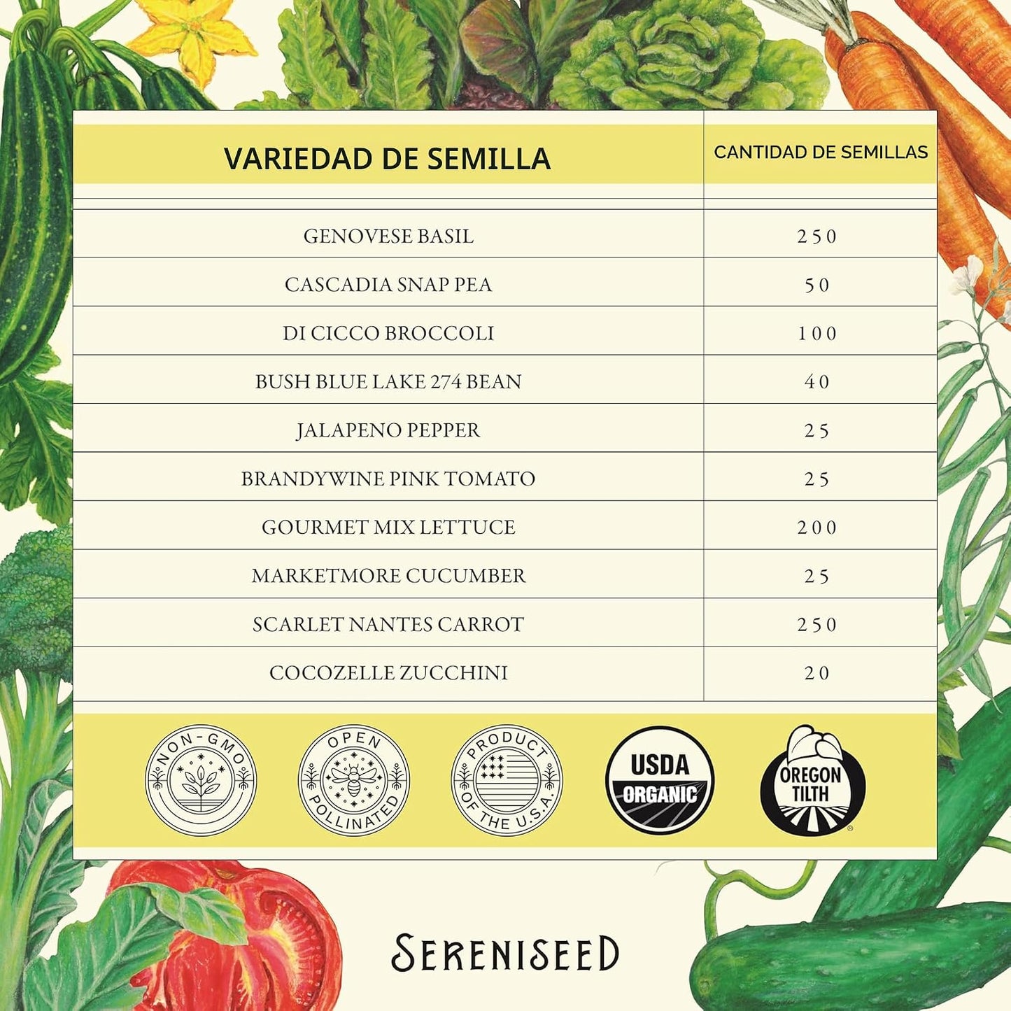 Semillas orgánicas sin GMO Albahaca Guisantes Brócoli