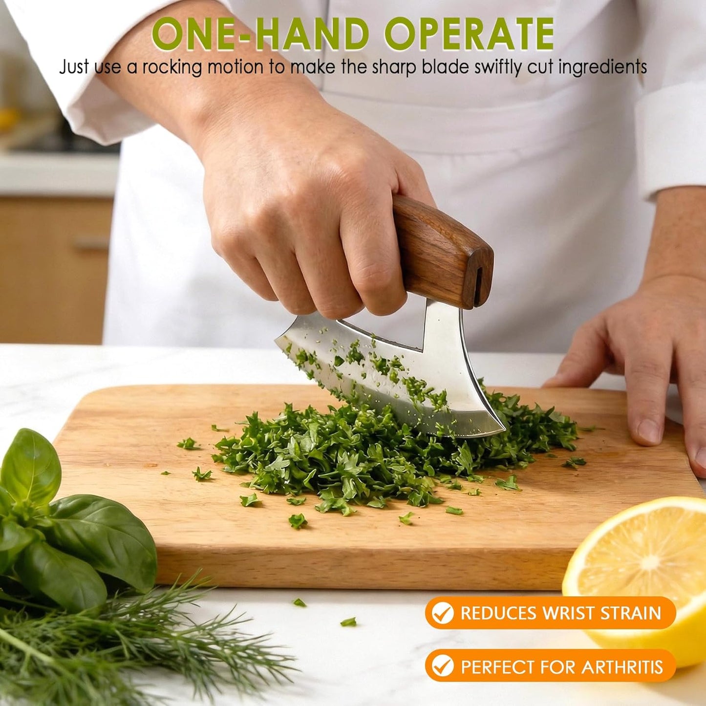 Cuchillo mezzaluna afilado con soporte de madera para ensaladas y verduras