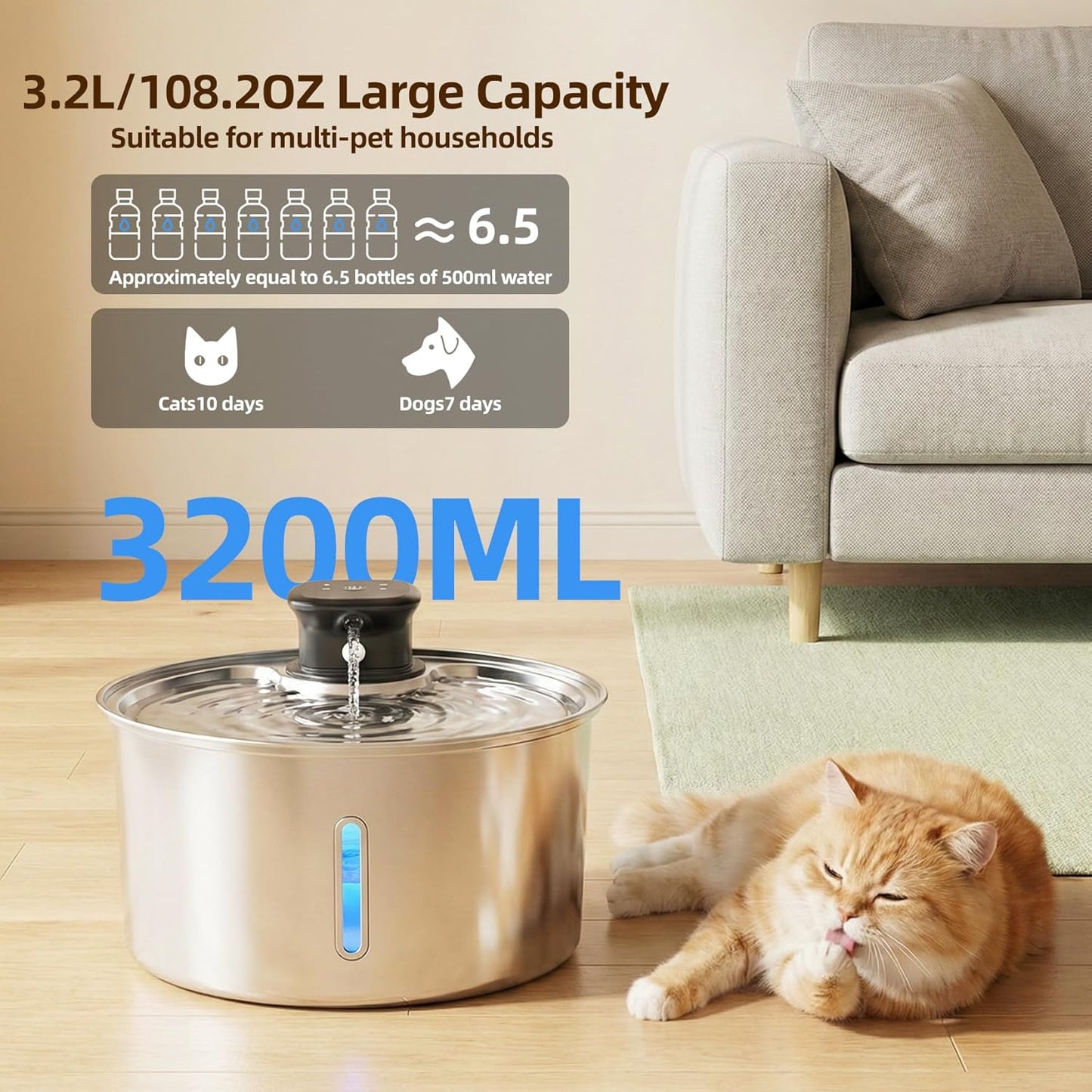 Fuente agua gatos acero inox 3.2L con sensor