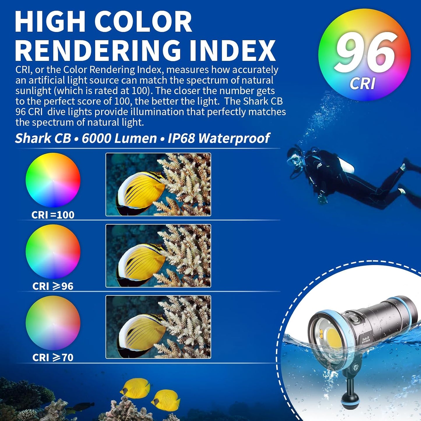 Luz buceo 6000 lúmenes 393pies 96 CRI 120grados