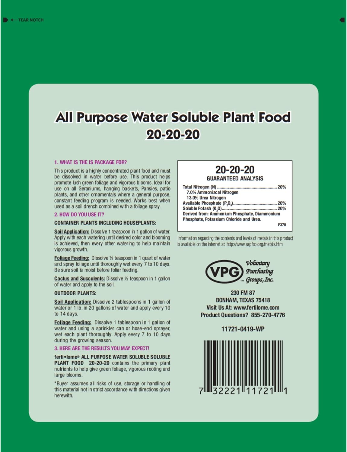 Alimento vegetal soluble 20-20-20 1.5 lb