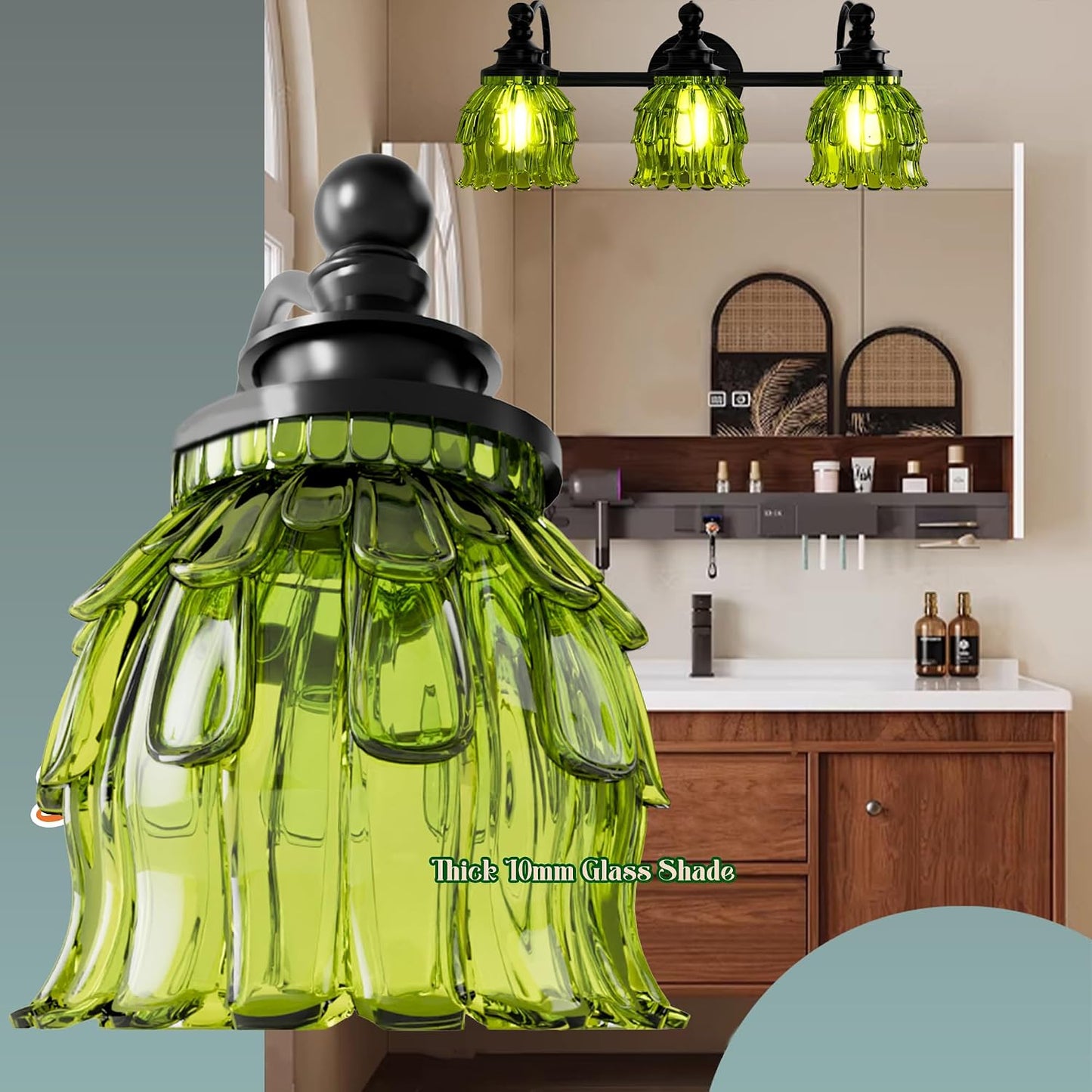 Lámpara baño 3 luces espejo moderna con cristal verde