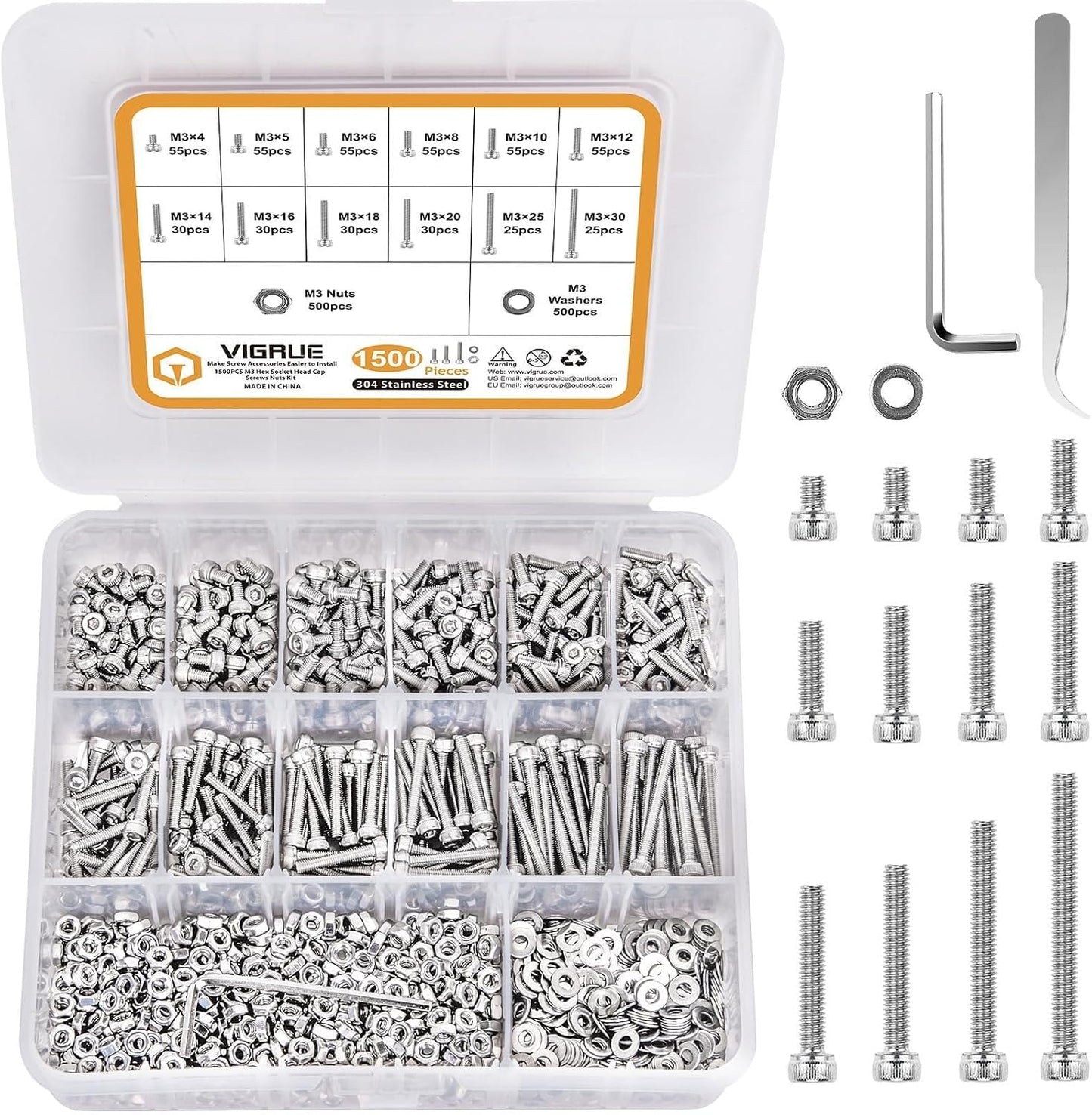 Set tornillos M3 acero inox hexagonal con llave Allen y pinza