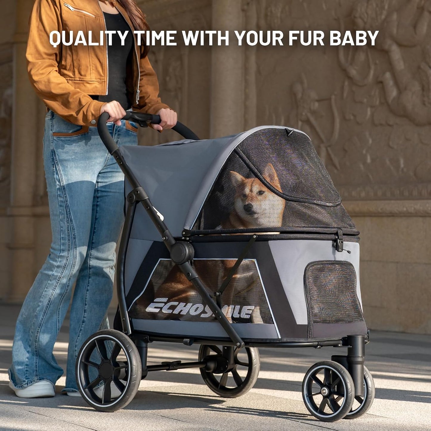 Cochecito plegable perros gatos malla transpirable frenos
