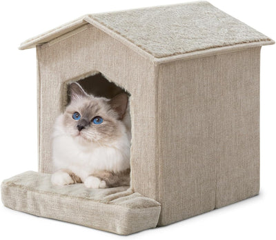 Camas para gatos con cojín ortopédico y escondite beige