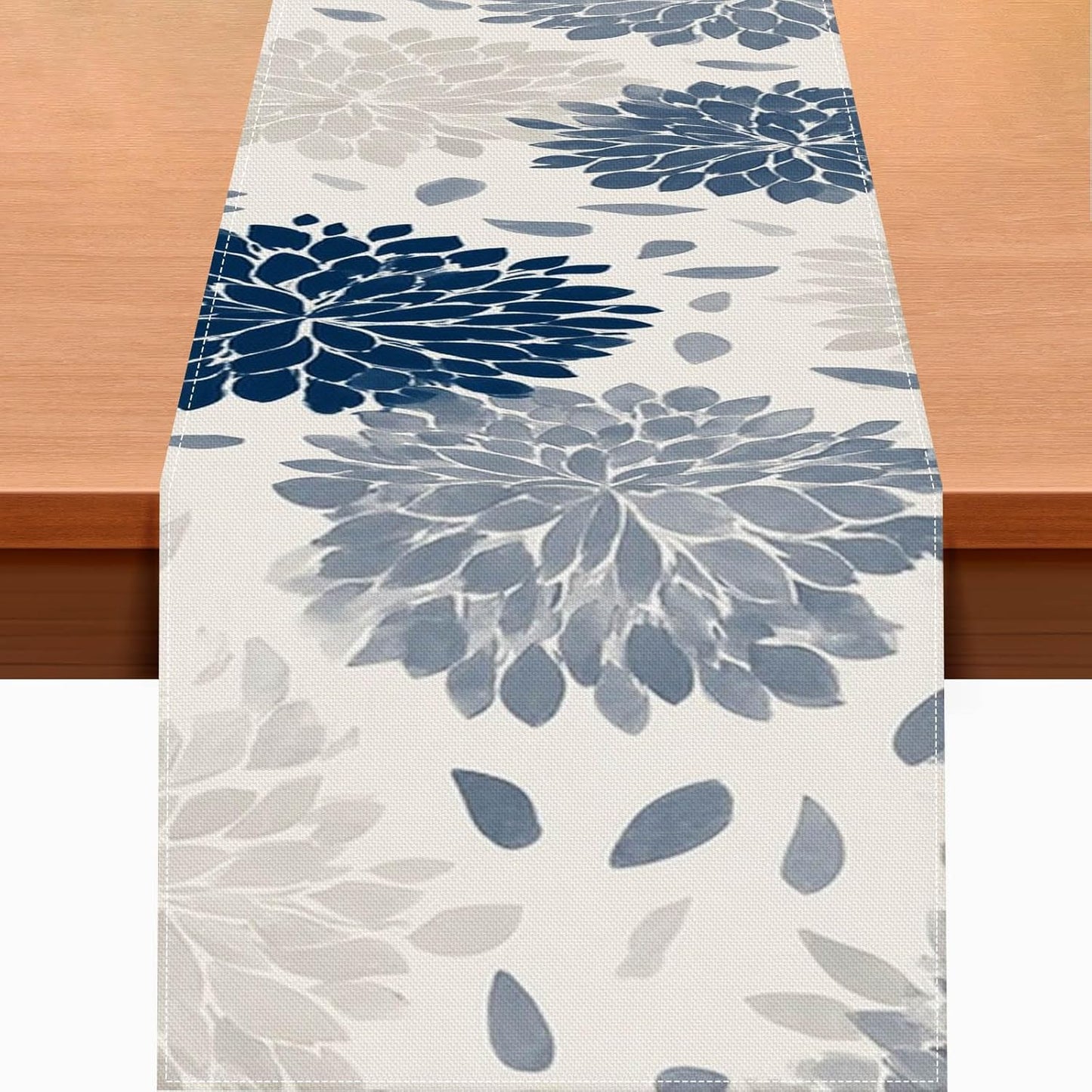 Camino de mesa rústico de arpillera 13 x 72 pulgadas con patrón floral azul y gris