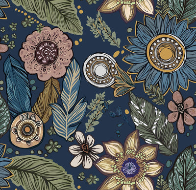 Papel tapiz bohemio azul 197x17.3pulg floral vintage autoadhesivo