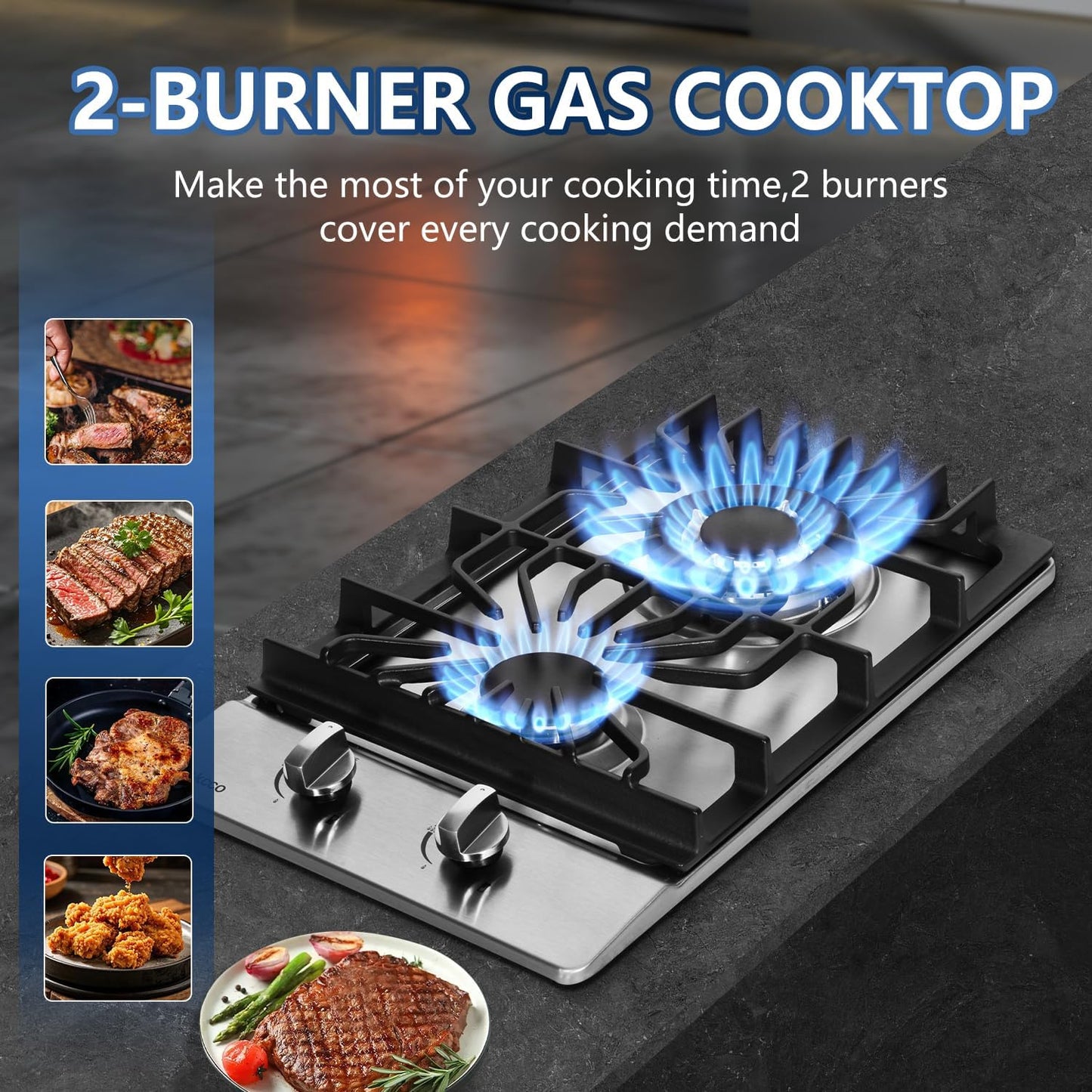 Placa cocina gas 12pulg acero inox 2 quemadores