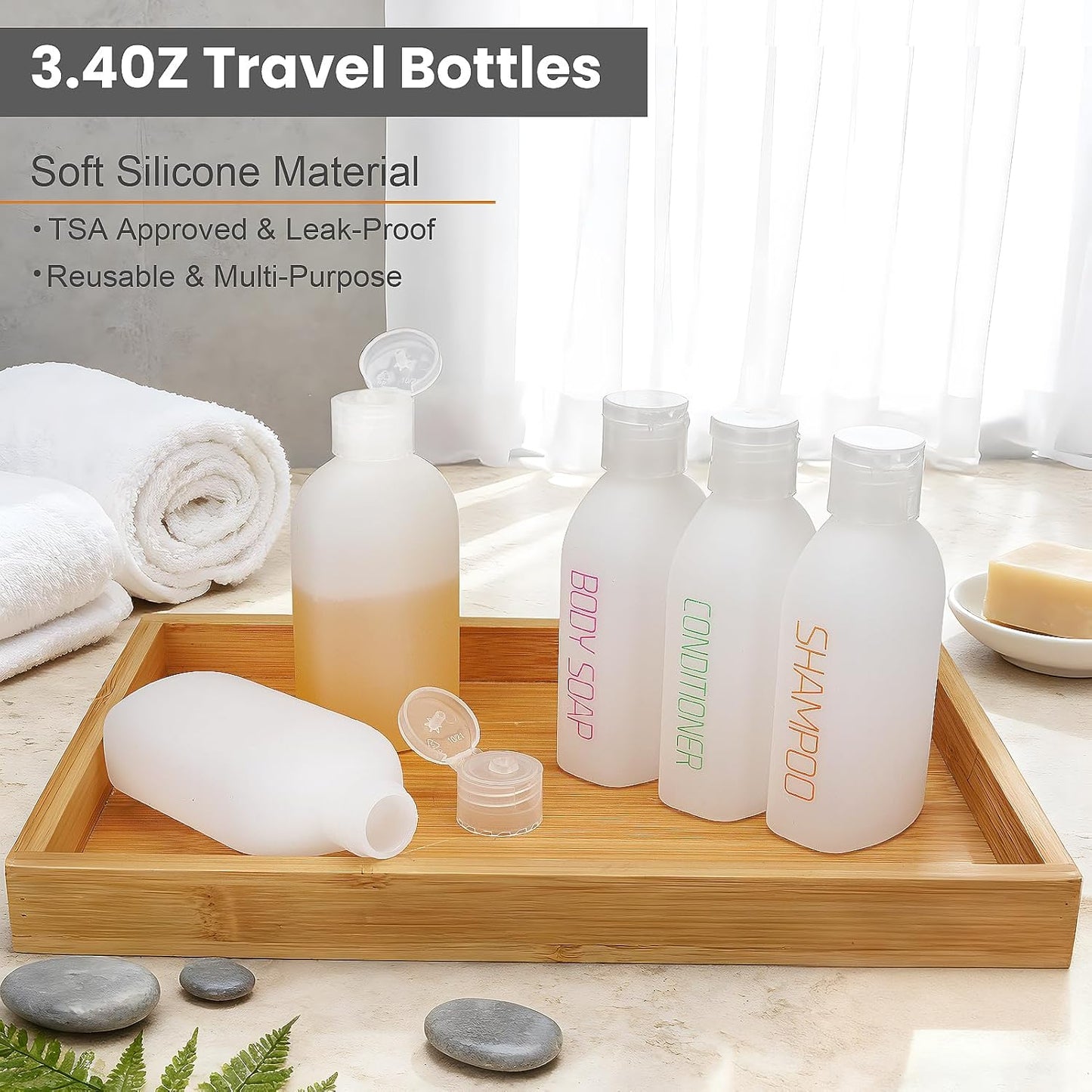 5 Botellas Viaje 3.4oz para Tocador Champú Acondicionador Jabón