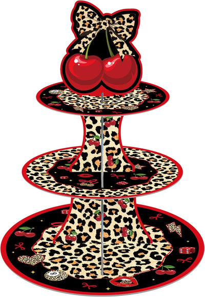 Decoraciones cumpleaños guepardo cerezas soporte cupcakes leopardo 3 niveles torre postre