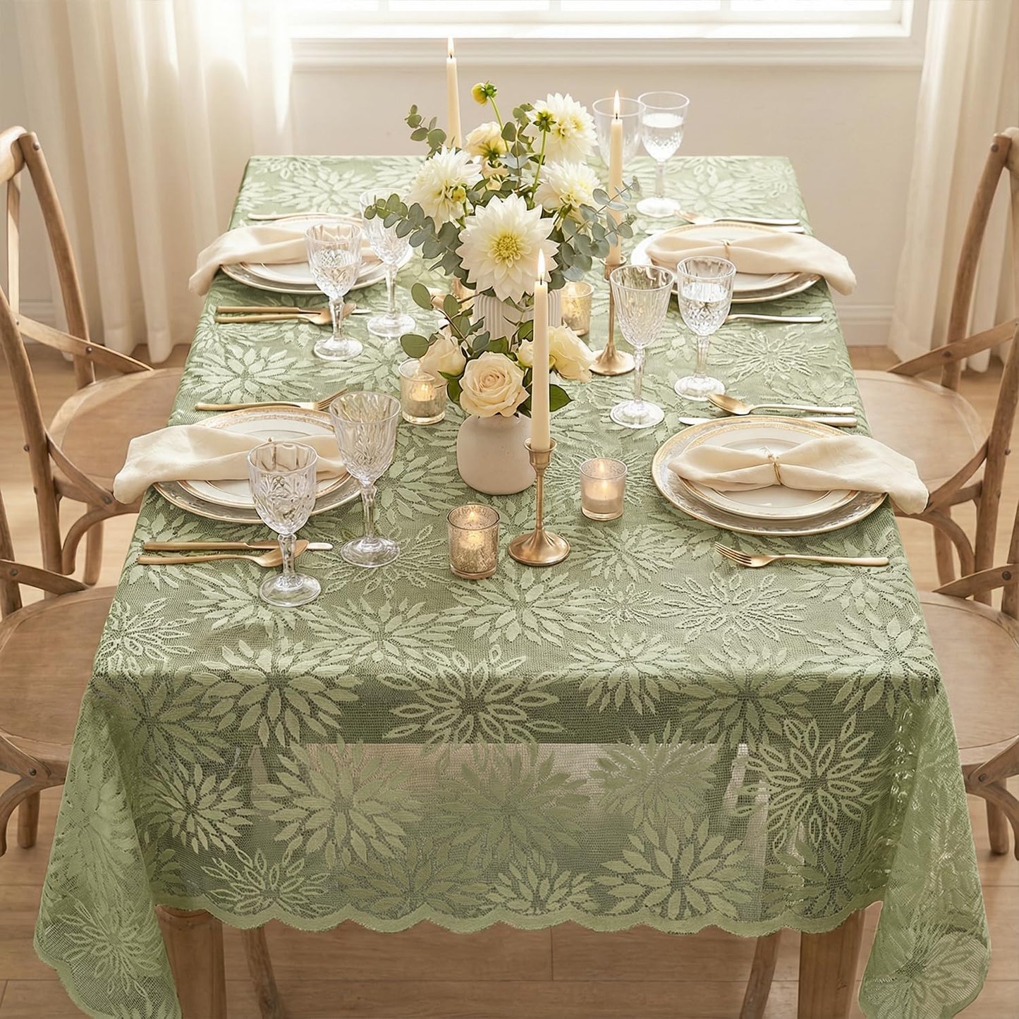 Mantel rectangular de encaje verde 60x84 pulgadas con bordado de dalia para boda vintage