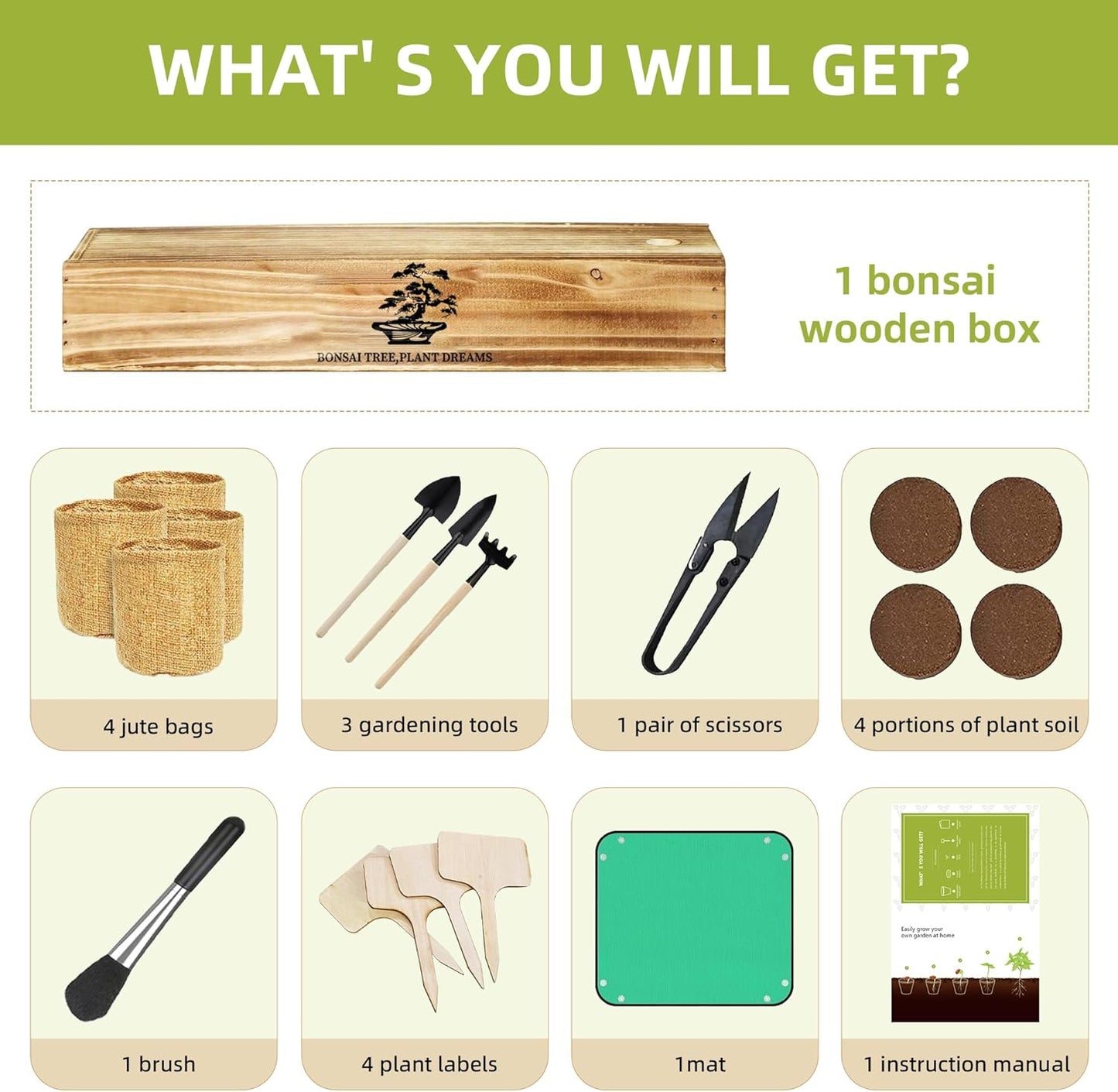 Kit Bonsái Caja Madera Tapete Maceta Arpillera