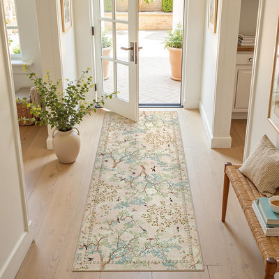 Alfombra pasillo 2x6ft diseño pájaros beige lavable antideslizante