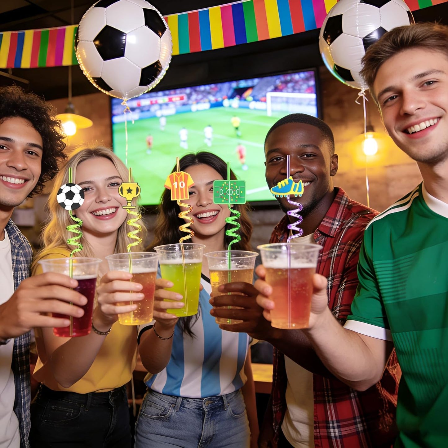 Pajitas temáticas deportivas reutilizables para fiestas de cumpleaños