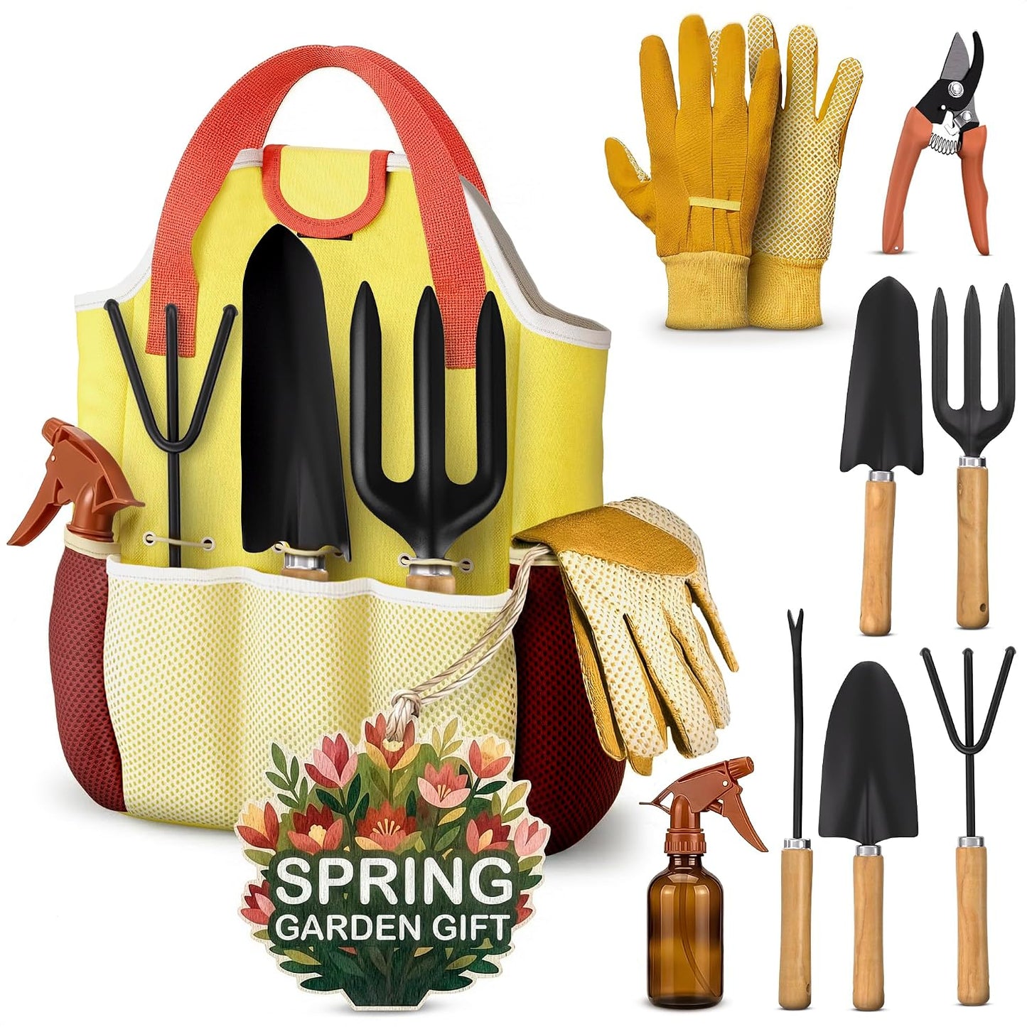 Set 9 herramientas jardinería acero inox múltiples bolsillos