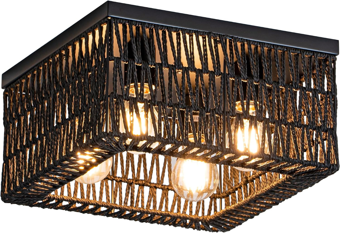 Lámpara techo ratán negro 4 luces cuadrada dormitorio