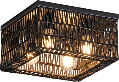 Lámpara techo ratán negro 4 luces cuadrada dormitorio