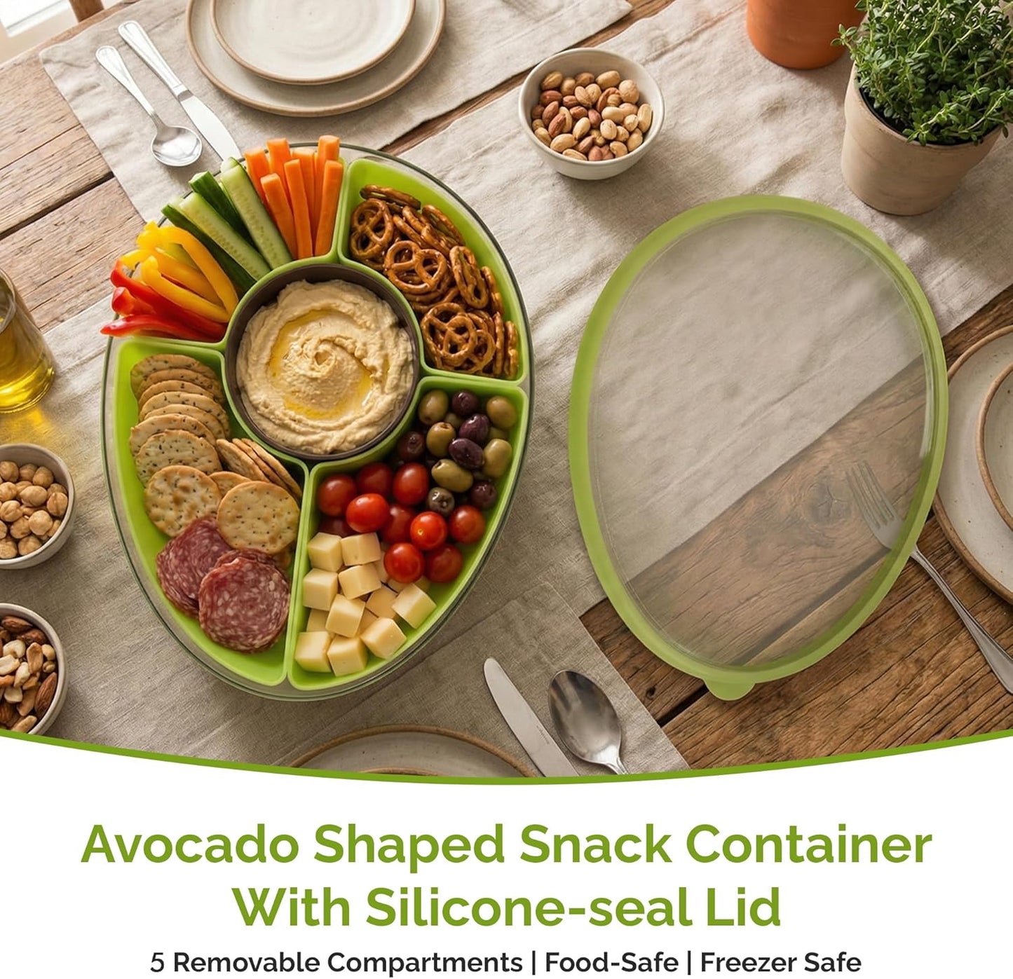 Recipiente para aperitivos en forma de aguacate con tapa de silicona sin BPA