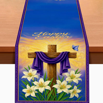 Camino de mesa religioso de Pascua 13 x 72 pulgadas tela morada cruz lirio