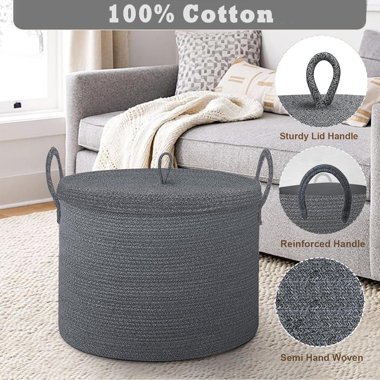 Cesta mimbre grande 21x18pulg con tapa para sala