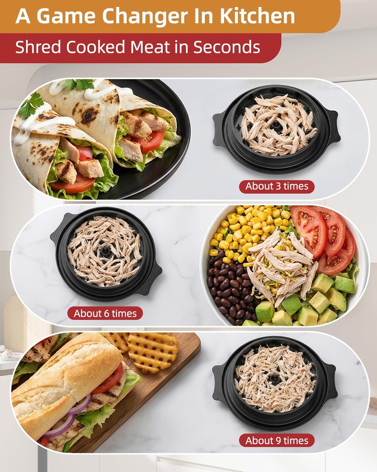 Trituradora de pollo de 10 pulgadas sin BPA con bandeja y cepillo