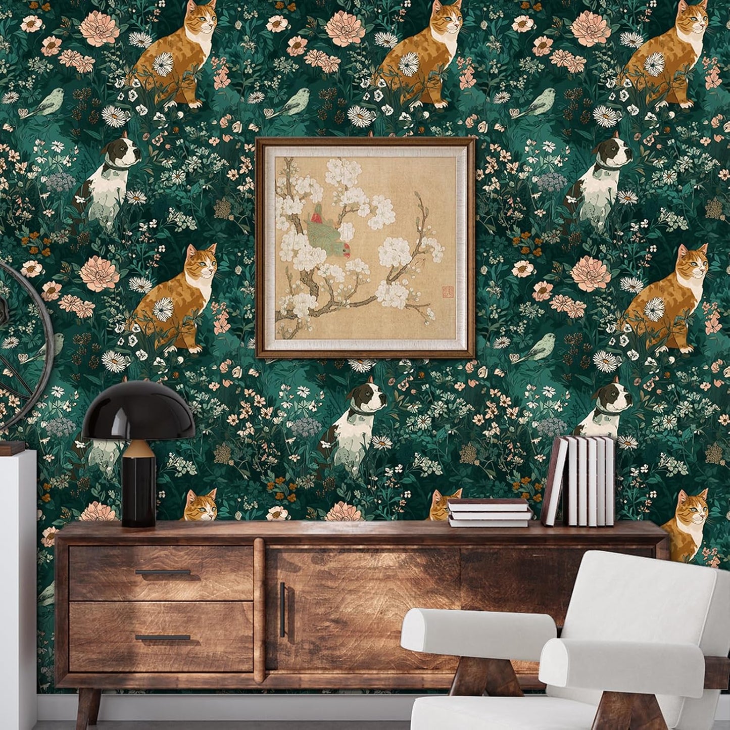 Papel tapiz autoadhesivo gatos perros flores blancas removible
