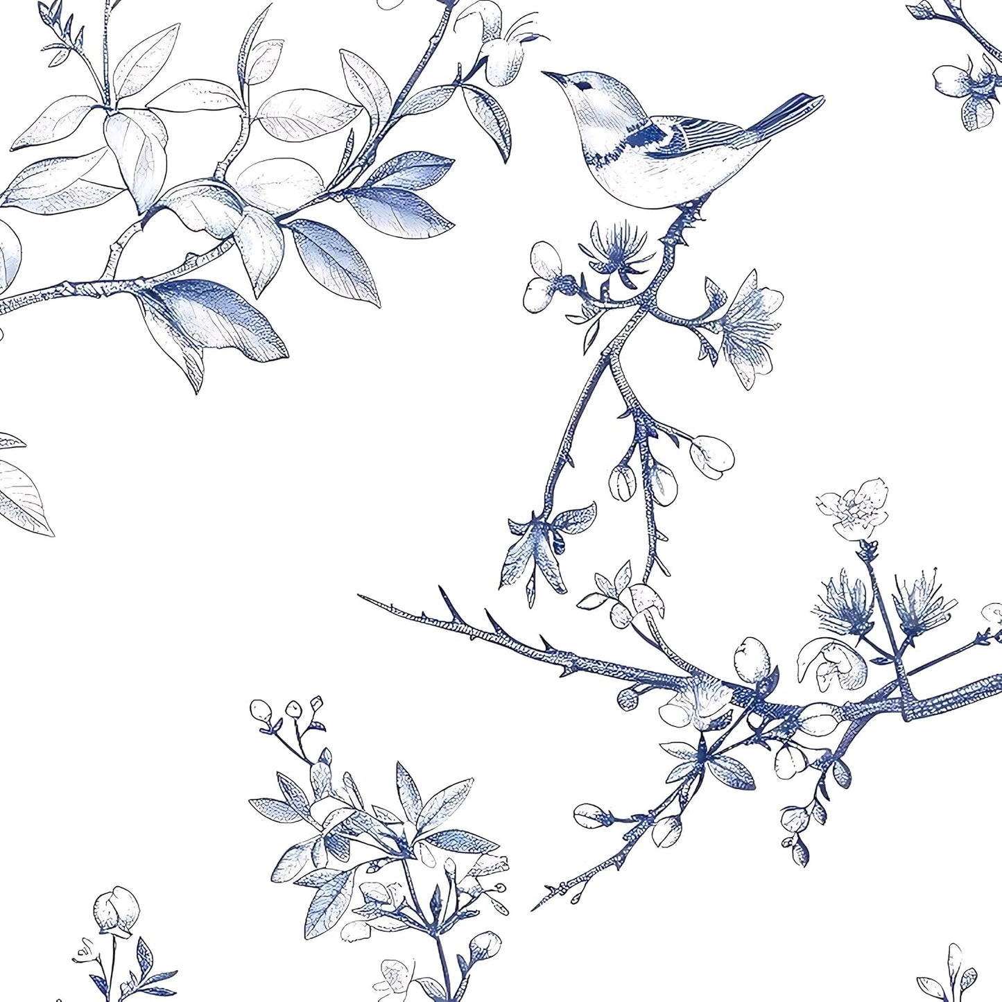 Papel Tapiz Floral Azul y Blanco Botánico Vintage Extraíble