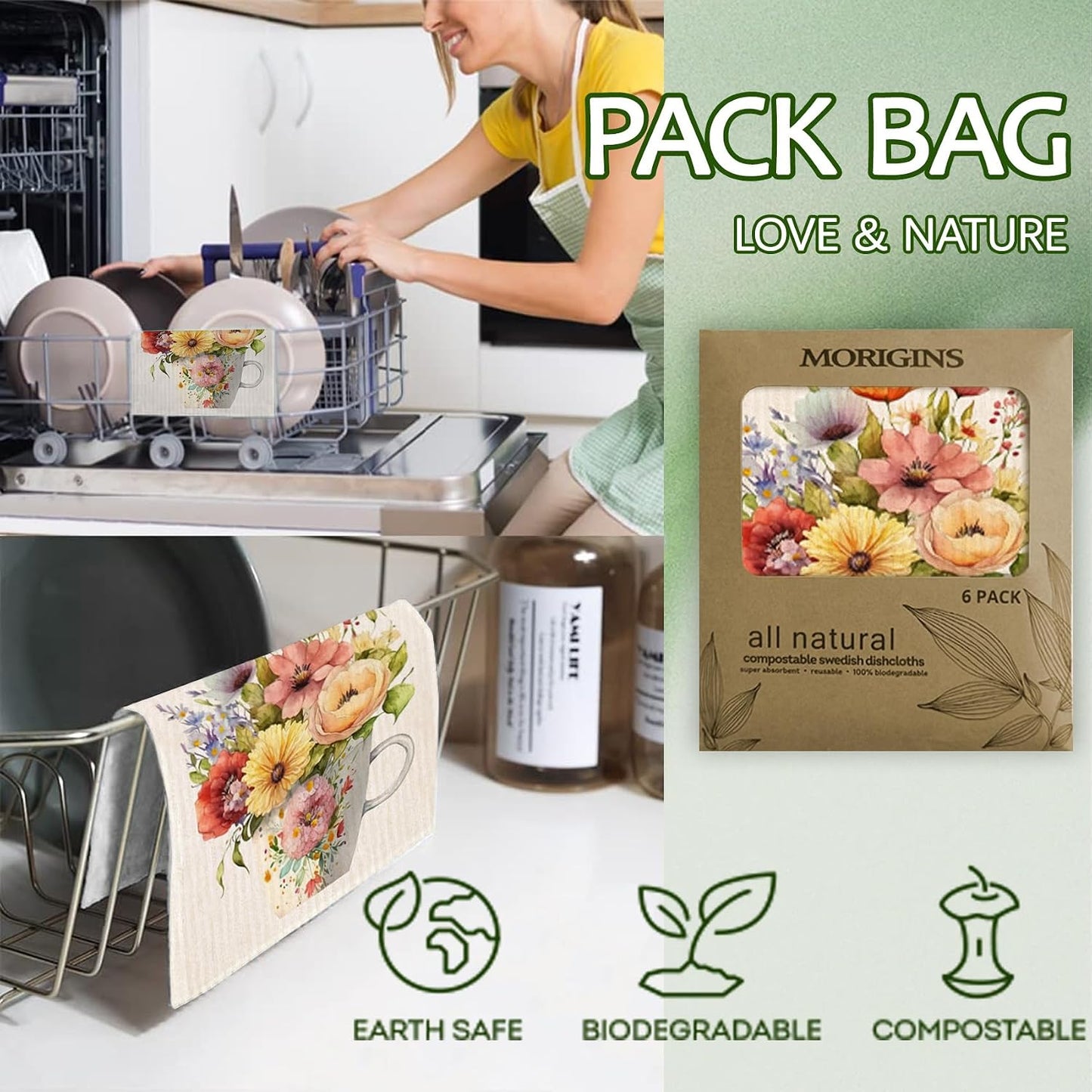 6 Pzas Paños Cocina Celulosa Reutilizables Compostables