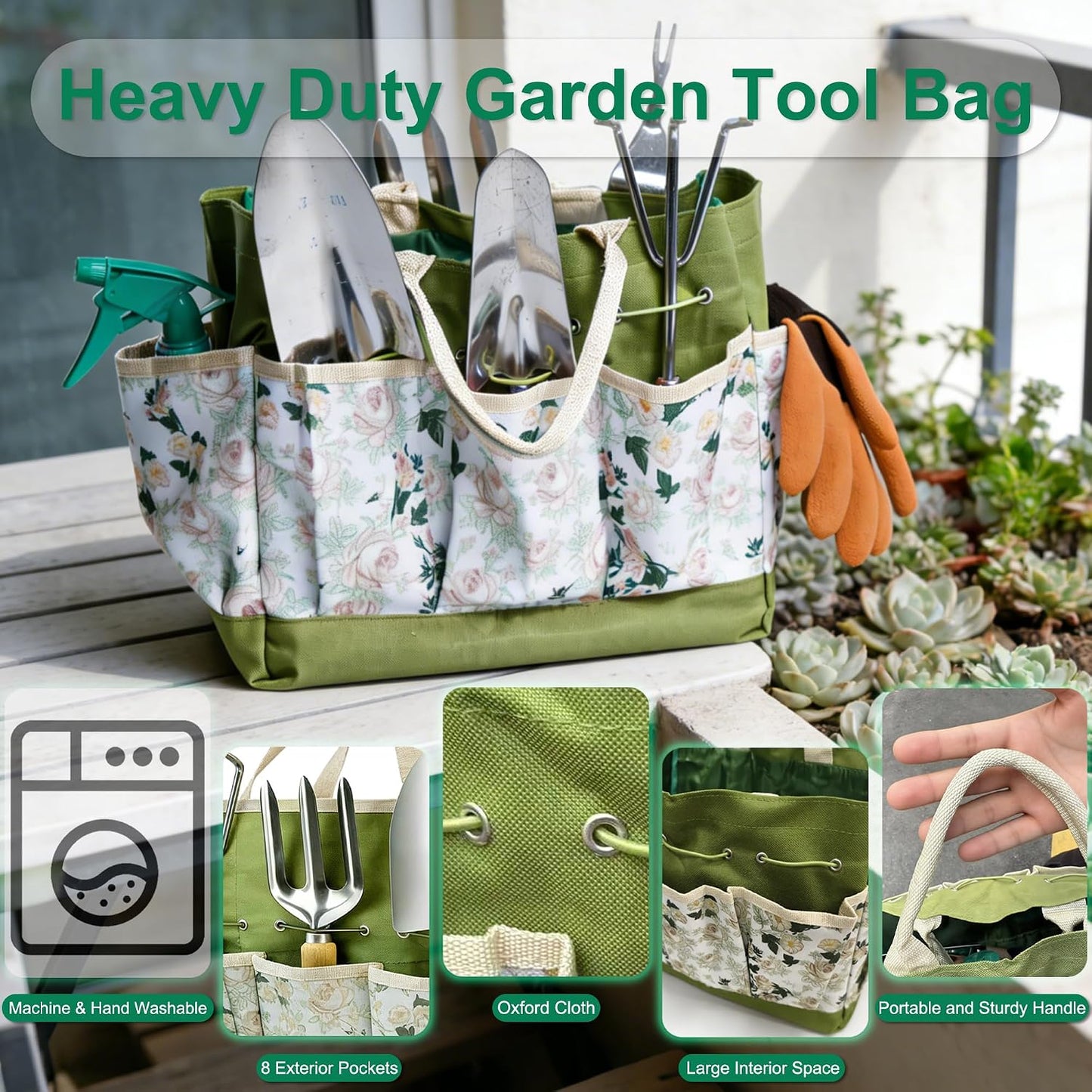 Set 9 Pzas Herramientas Jardín Acero Inox Bolsa Verde