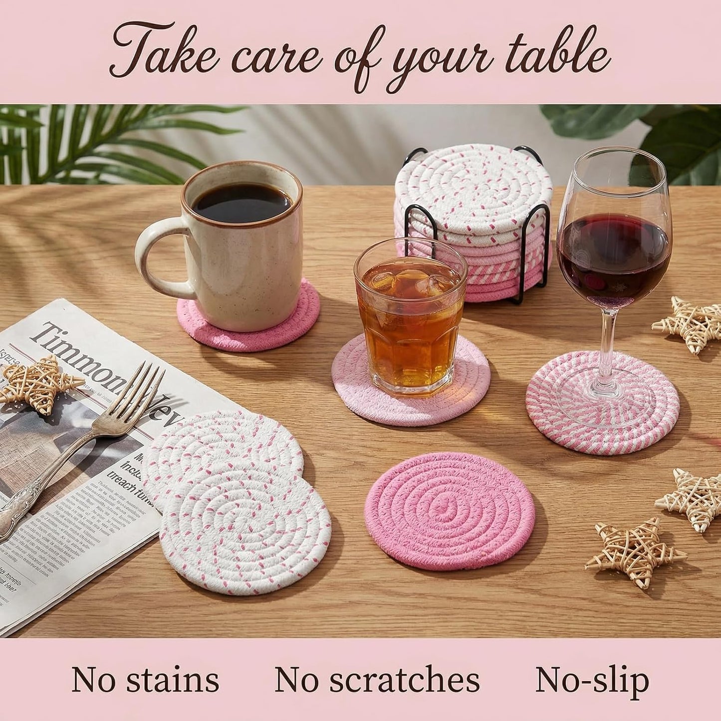 Juego de 8 posavasos absorbentes de algodón con soporte en rosa