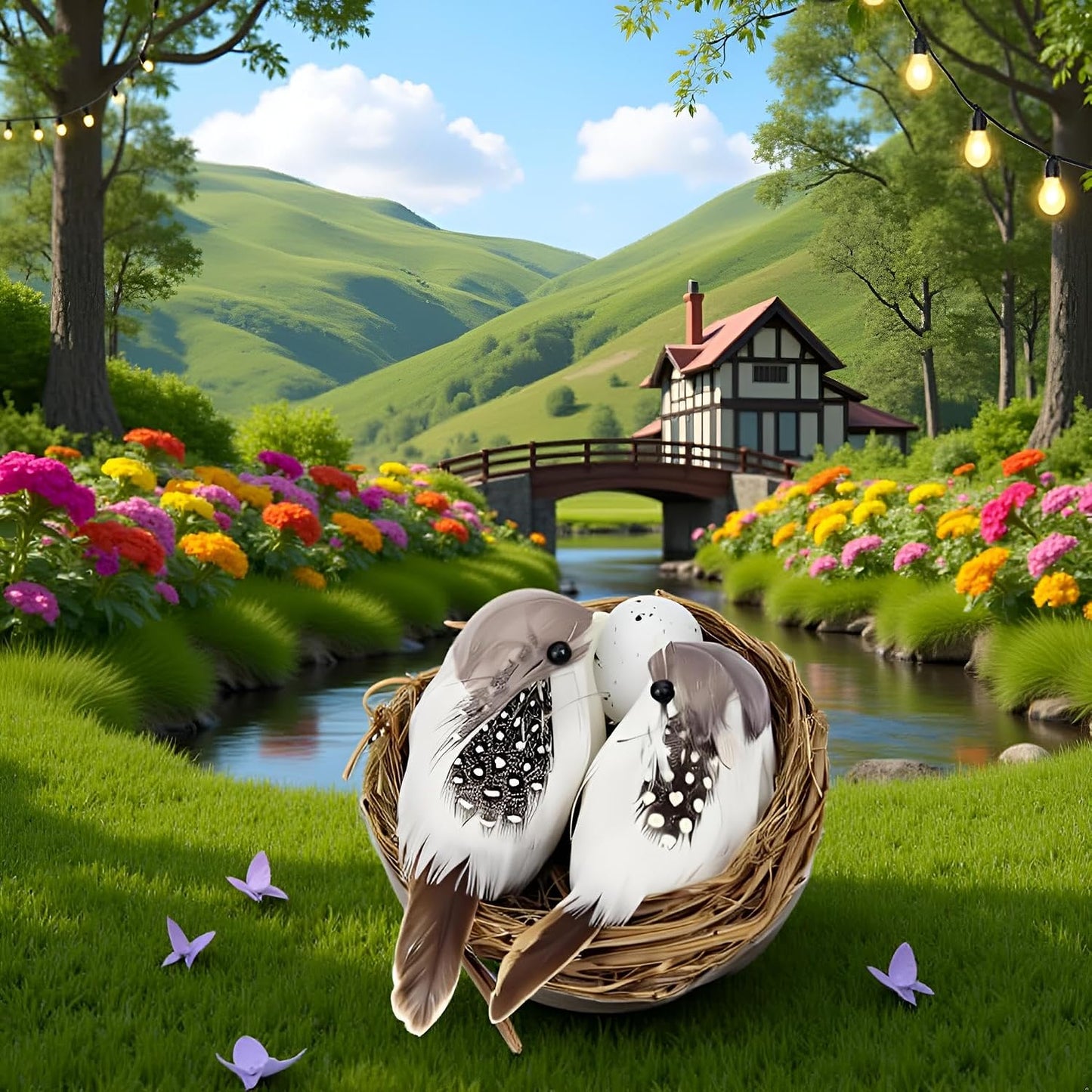 Juego nido pájaros artificiales y huevos decoración hogar jardín