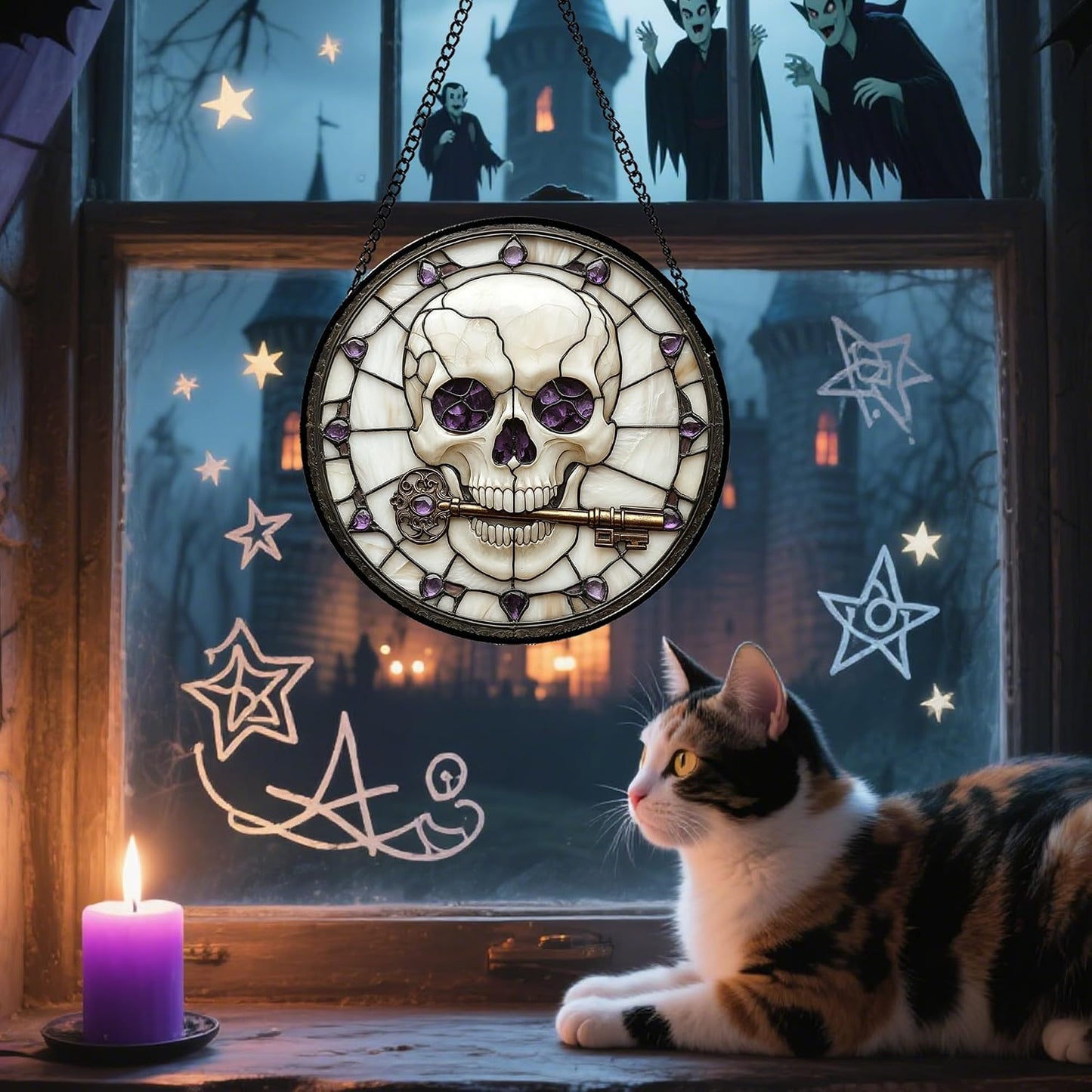 Colgante vitral atrapasoles calavera morada Halloween gótico