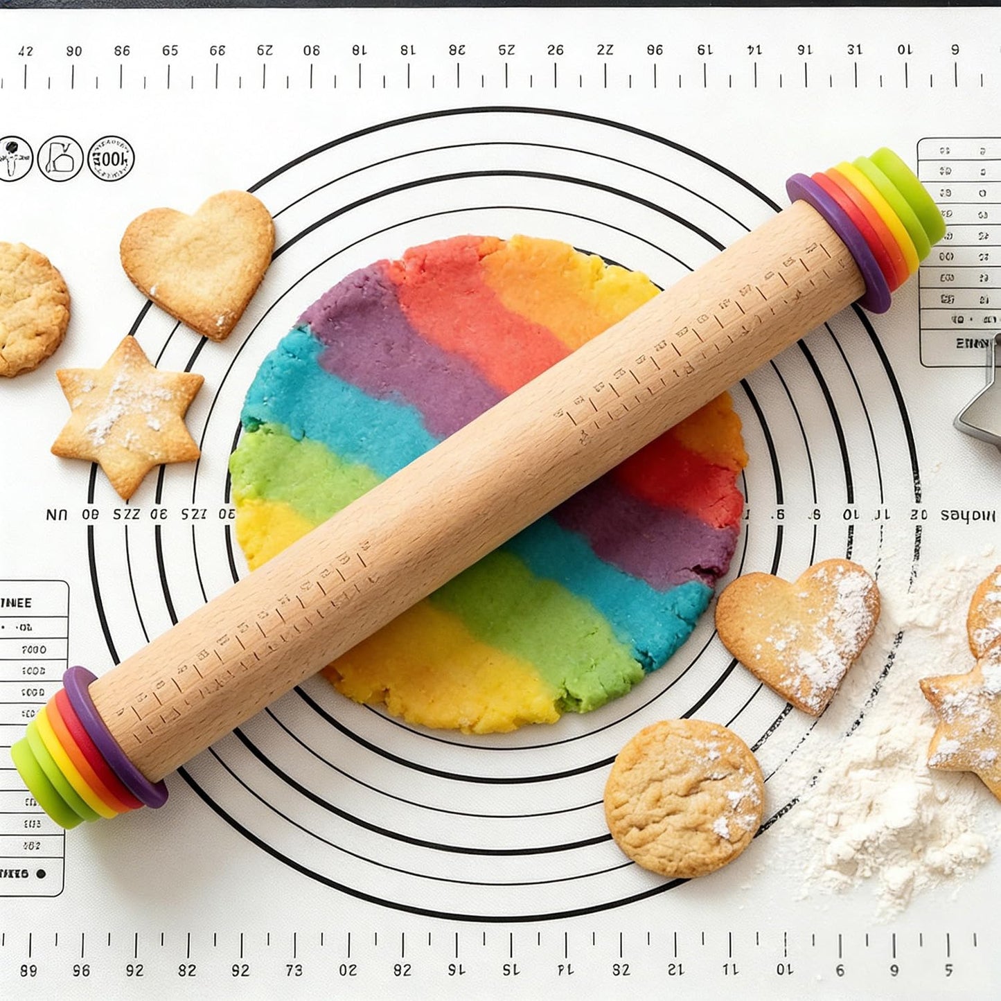 Rodillo de madera ajustable con anillos de grosor para hornear, galletas y masa de pizza