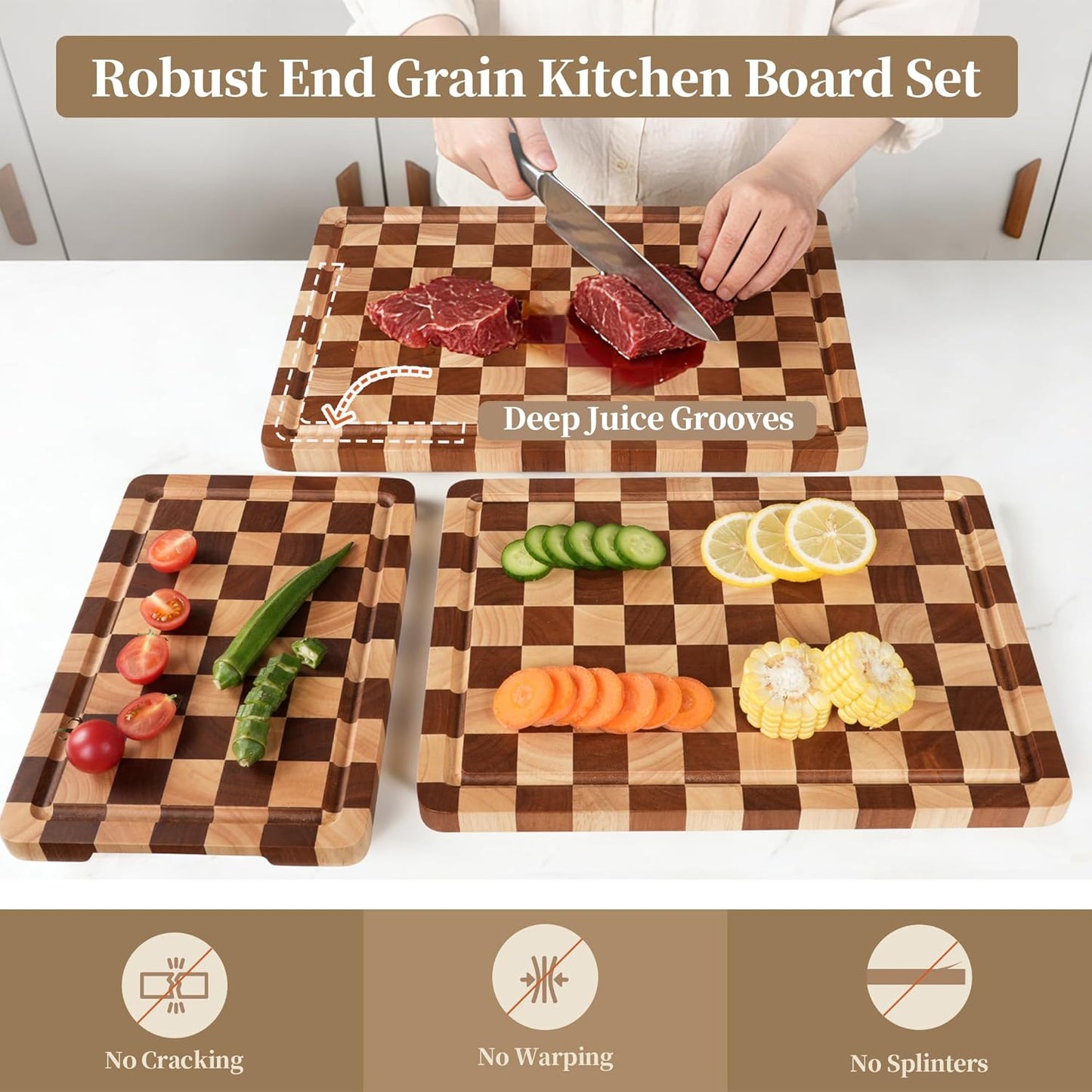 Set 3 Tablas Cortar Madera Maciza con Soporte