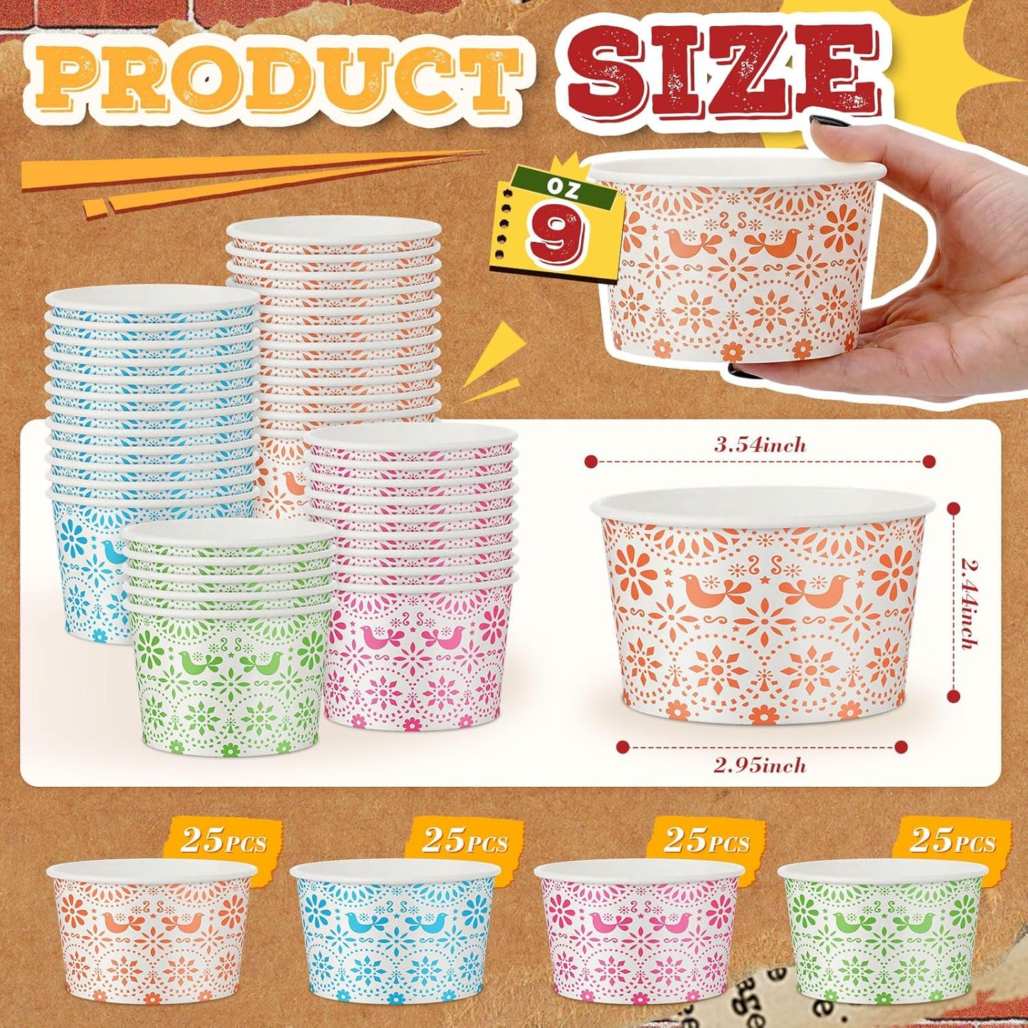 100 cuencos de papel para fiesta mexicana de 9 oz