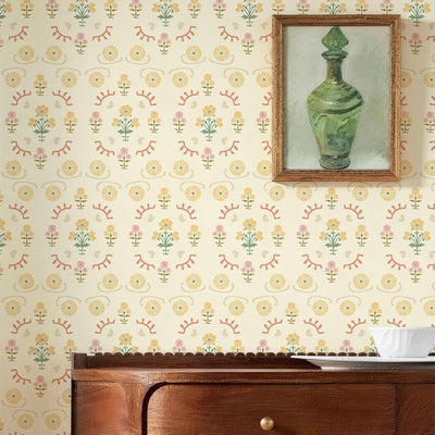 Papel tapiz floral bohemio autoadhesivo retro beige 17x79pulg