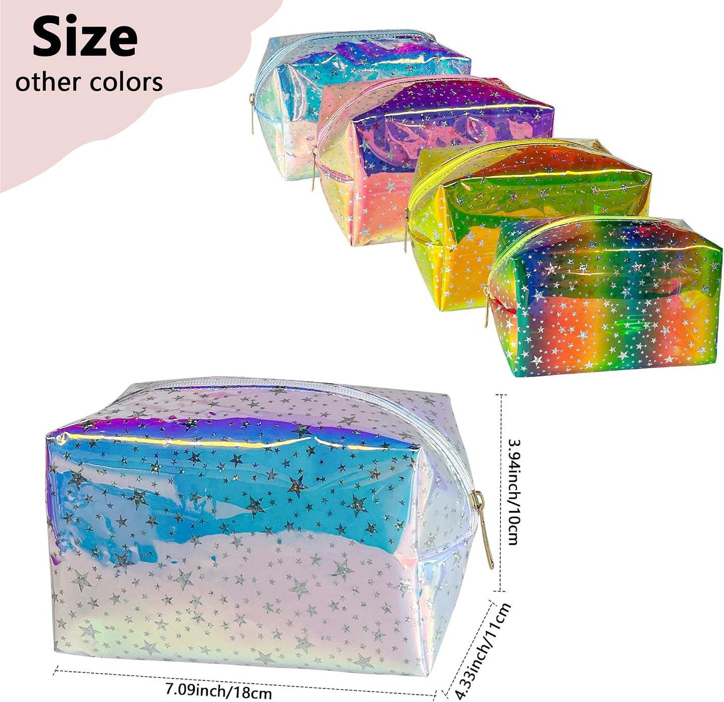 Neceser PVC impermeable holográfico verde estrellas rosadas