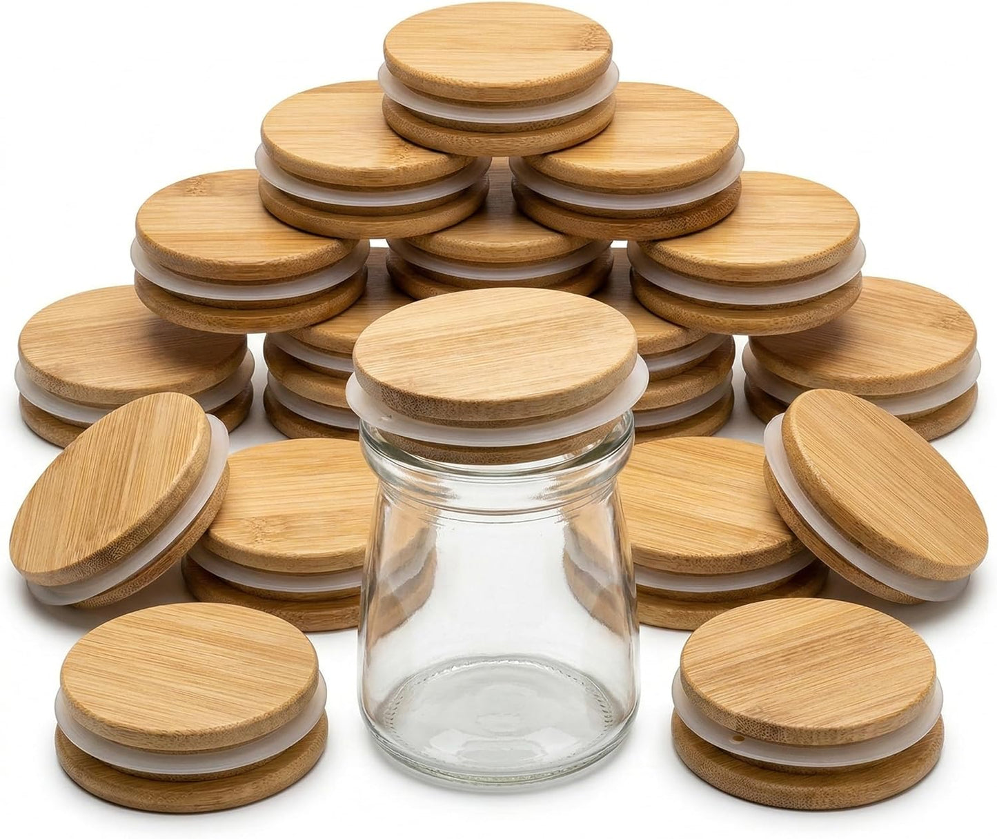 Paquete de 15 tapas reutilizables de bambú para tarros de yogur Oui con anillos de silicona