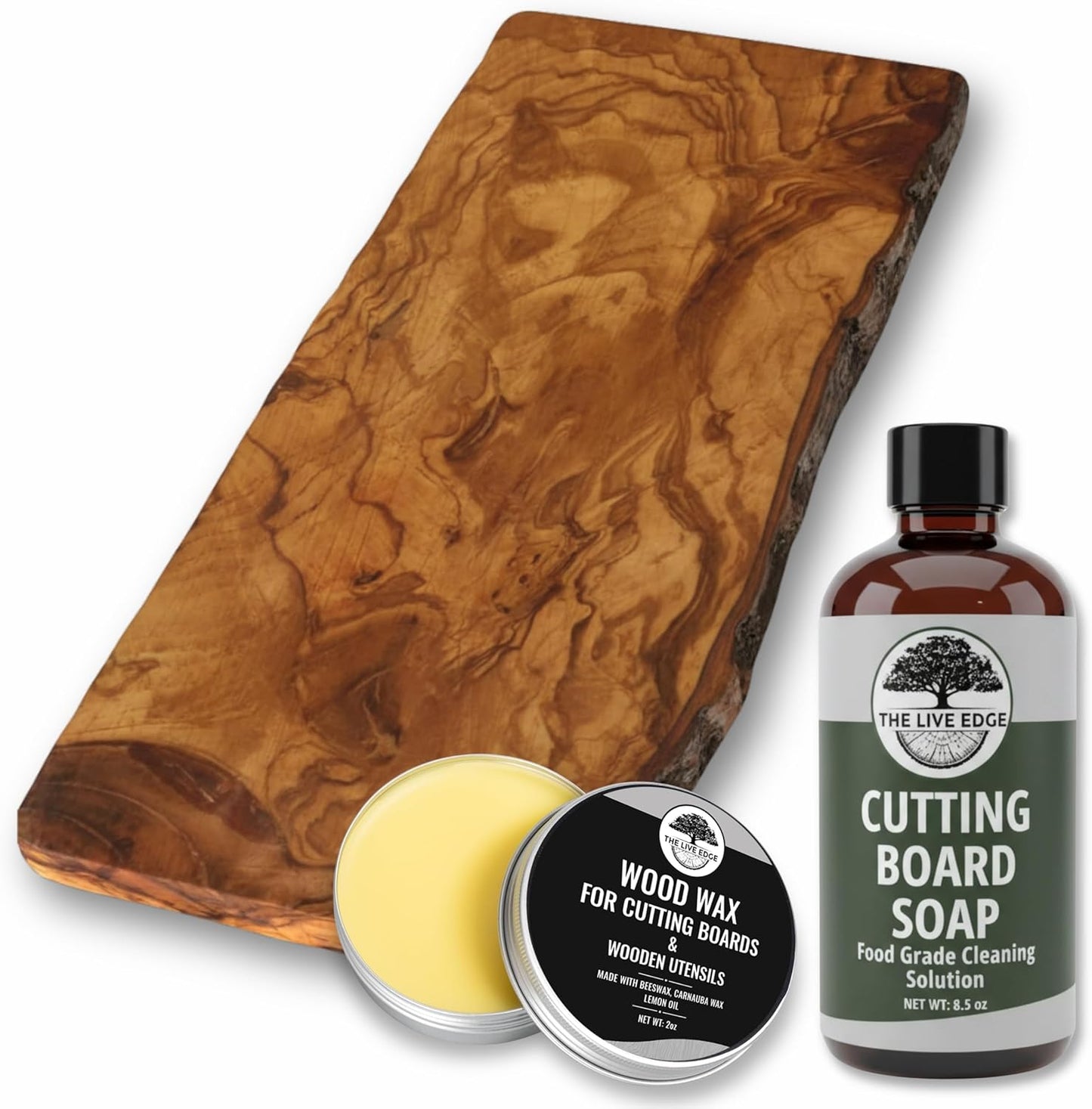 Tabla de cortar de madera olivo Live Edge con cera y jabón