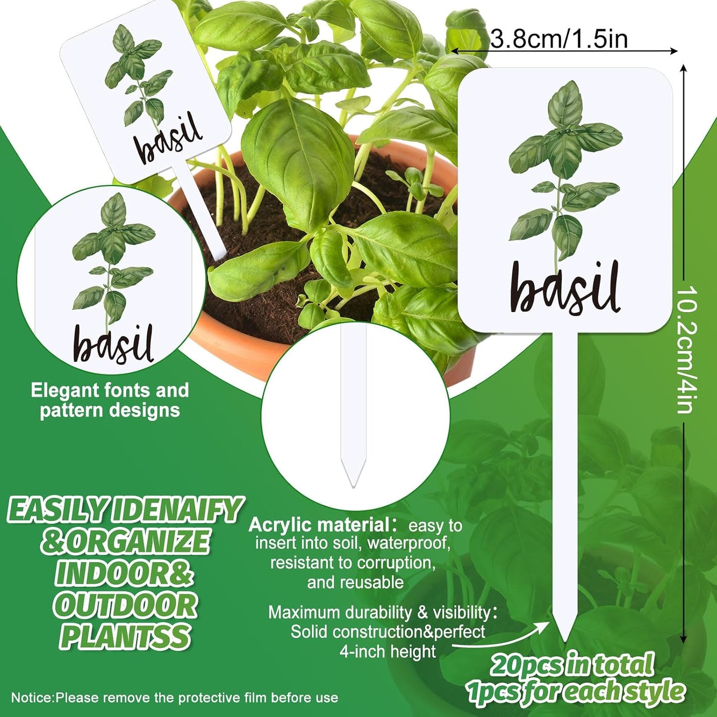 20 Etiquetas Acrílicas para Plantas con Nombres de Hierbas