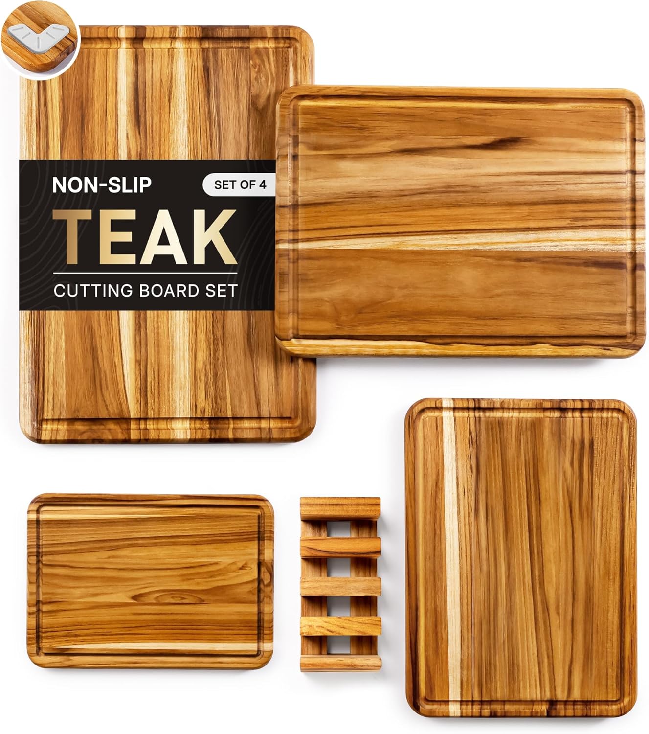 Set 4 Tablas Cortar Teca Antideslizante Madera Maciza